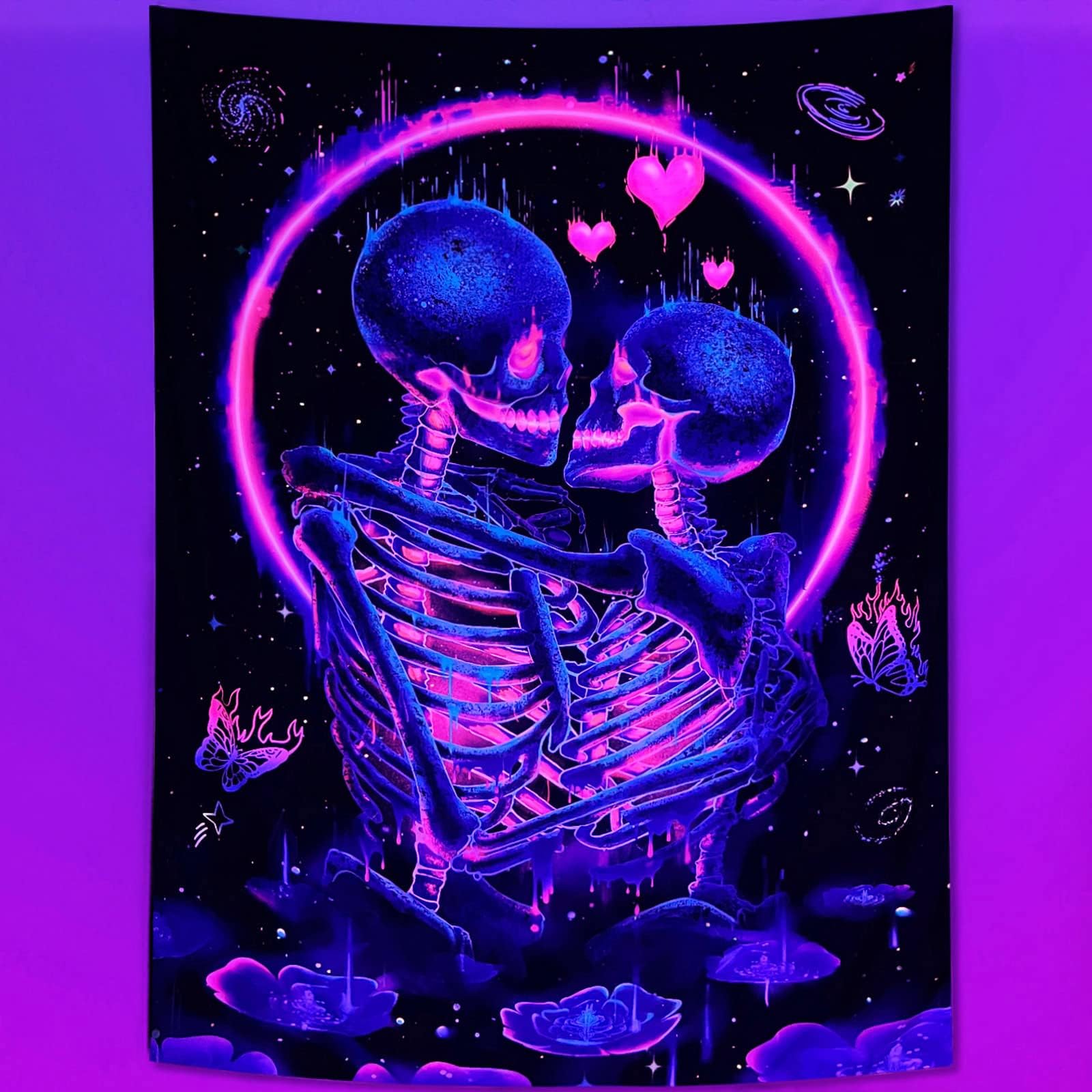 FungarthBlacklight Skull Tapestry for Bedroom Aesthetic Purple Skeleton Tapestries The Lovers Tapestry Floral Tapestry Wall Hanging for Living Room Dorm (Blue, 36โ x48โ)