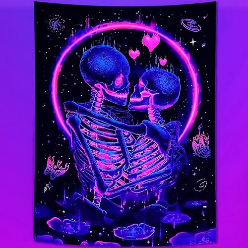 Fungarth Tapiz de esqueleto, diseño de hongos, calavera, plantas botánicas, tapices florales estéticos para dormitorio, amantes de los besos, tapiz