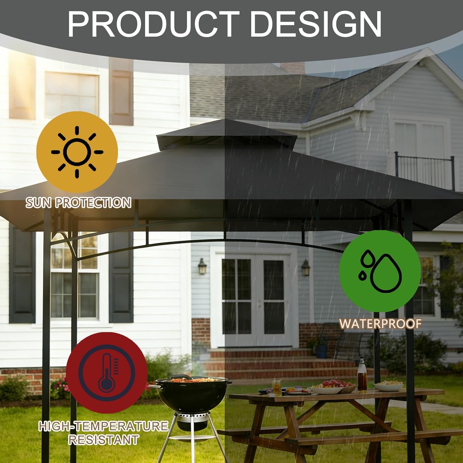 Grill Gazebo Replacement Roof, 5x8ft Outdoor BBQ Gazebo Canopy Cover, Double Tiered Grill Gazebo Replacement Roof for #L-GG001PST-F