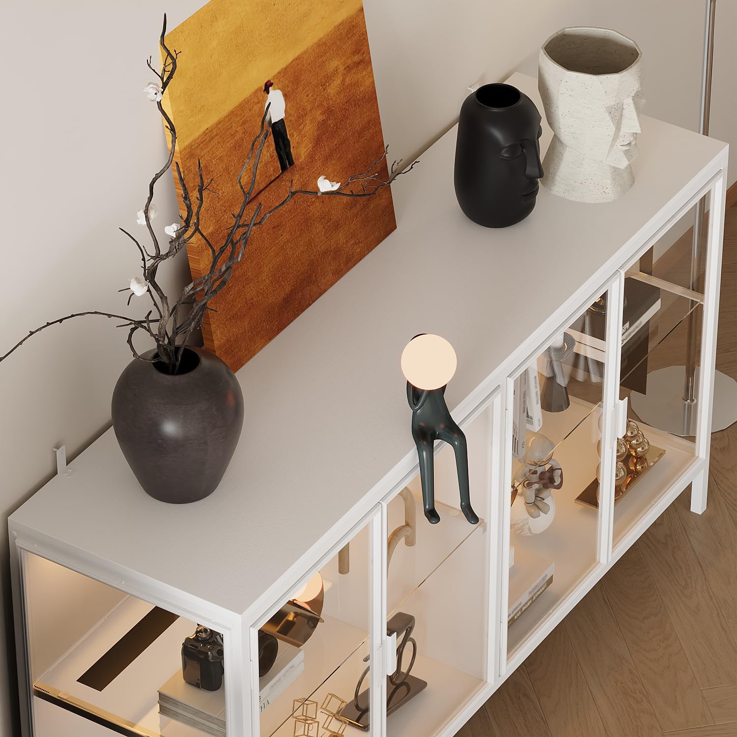 Buffet Cabinet with Storage & LED Light, 55.1" Large Kitchen Sideboard with 4 Glass Doors, Modern Coffee Bar with Metal Frame, Console Table for Living Room, Dining Room, White