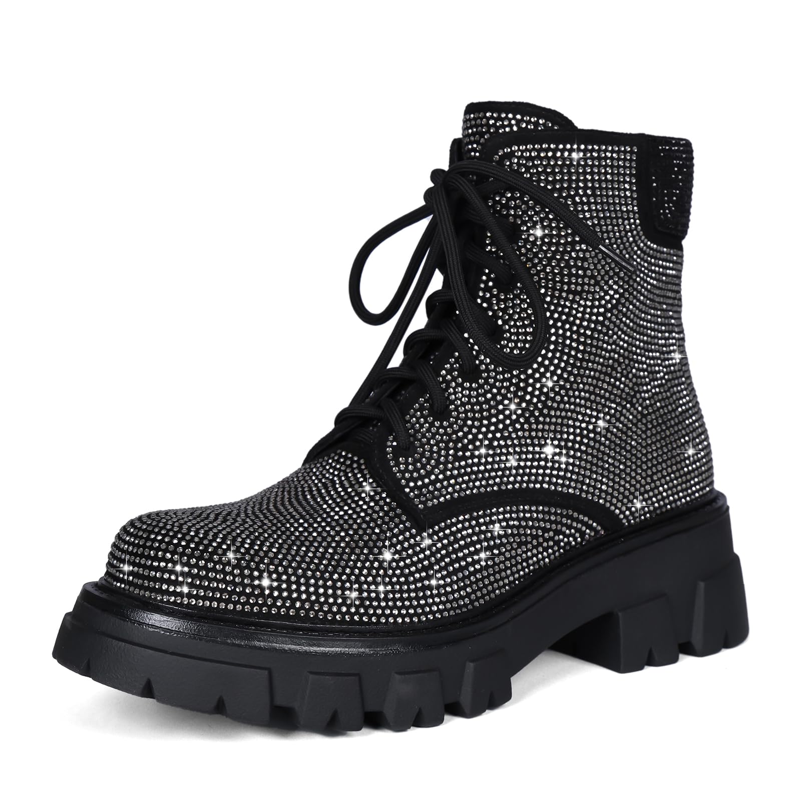 Wavyvigs Rhinestone Combat Boots Platform Chunky Heel Lace Up Ankle Boots Side Zipper