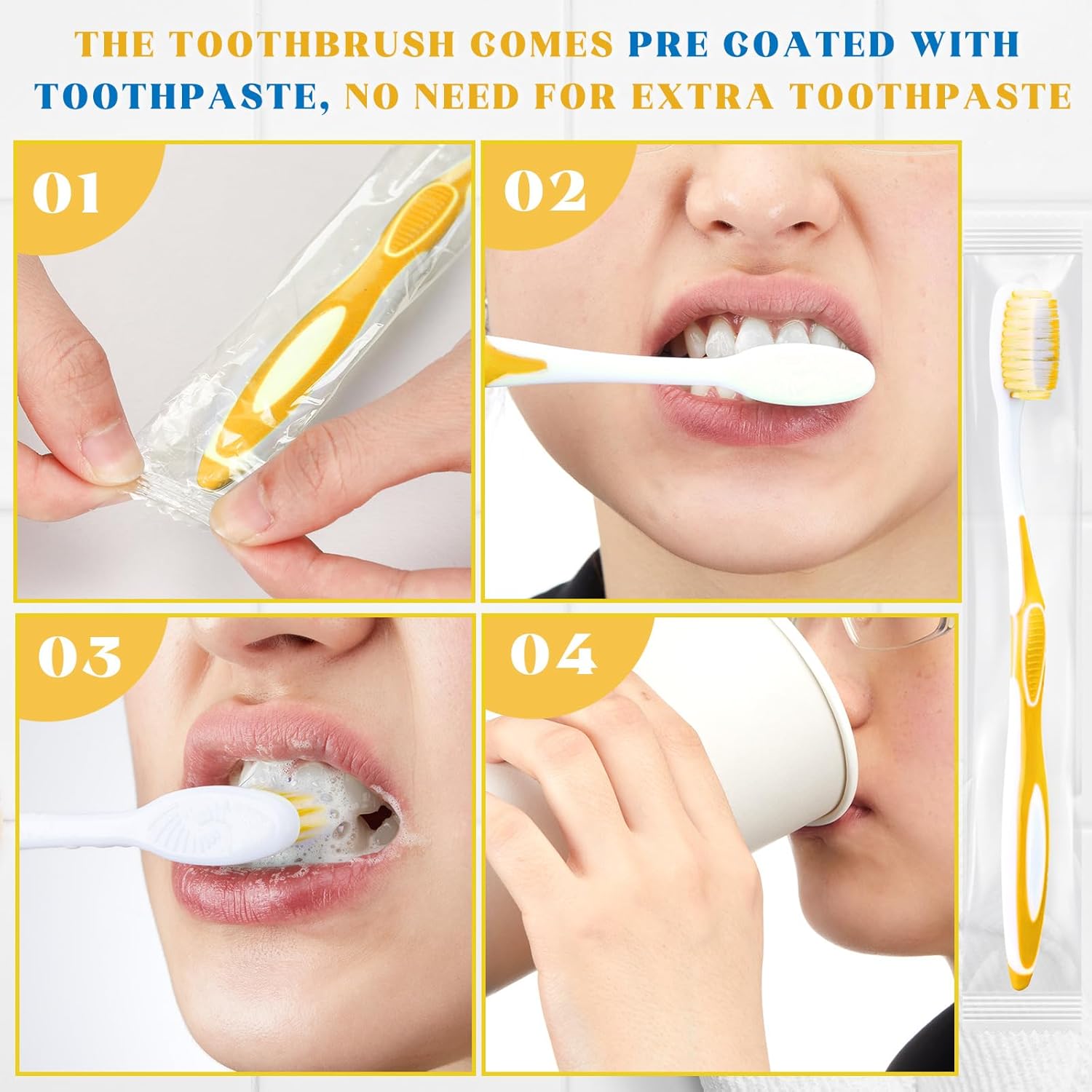 100 Pcs Prepasted Disposable Toothbrushes Individually Wrapped Pre Pasted Soft Bristle Tooth Brush Travel Toothbrush for Camping Guestroom Car Office School Hotel Homeless Gifts (Yellow)