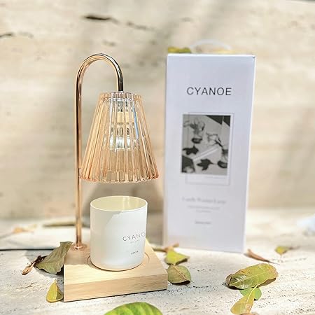 Cyanoe Candle Warmer Lamp with 2 Bulbs, Compatible with Small/Large Jar Candles, Electric Candle Melting Lamp with Wood Base, Vintage Glass Shade and Adjustable Dimmer, Amber