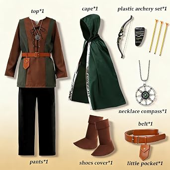 Akokvlar 8 Pcs Medieval Archer Costume for Boys Renaissance Kids Hunter Costume with Cape