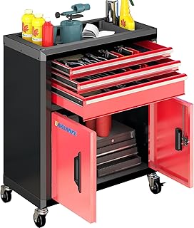 LARBANKE Werkzeugschrank mit 3 Schubladen und 2 Türen, mit 360° drehbaren Rollen und Schloss und Schlüssel, Werkzeugschrank mit Schubladeneinlagen und Verbindungsstangen zum Stapeln inkl