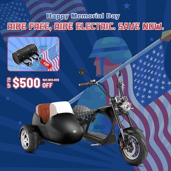 eAhora 2000W 37MPH M1P Sidecar Electric Motorcycle for Adults 60v 30ah 40+ Miles Long Range Electric Sidecar Full Suspension 2 Persons Scooter 3 Wheels Mopeds for Pets/Cargo