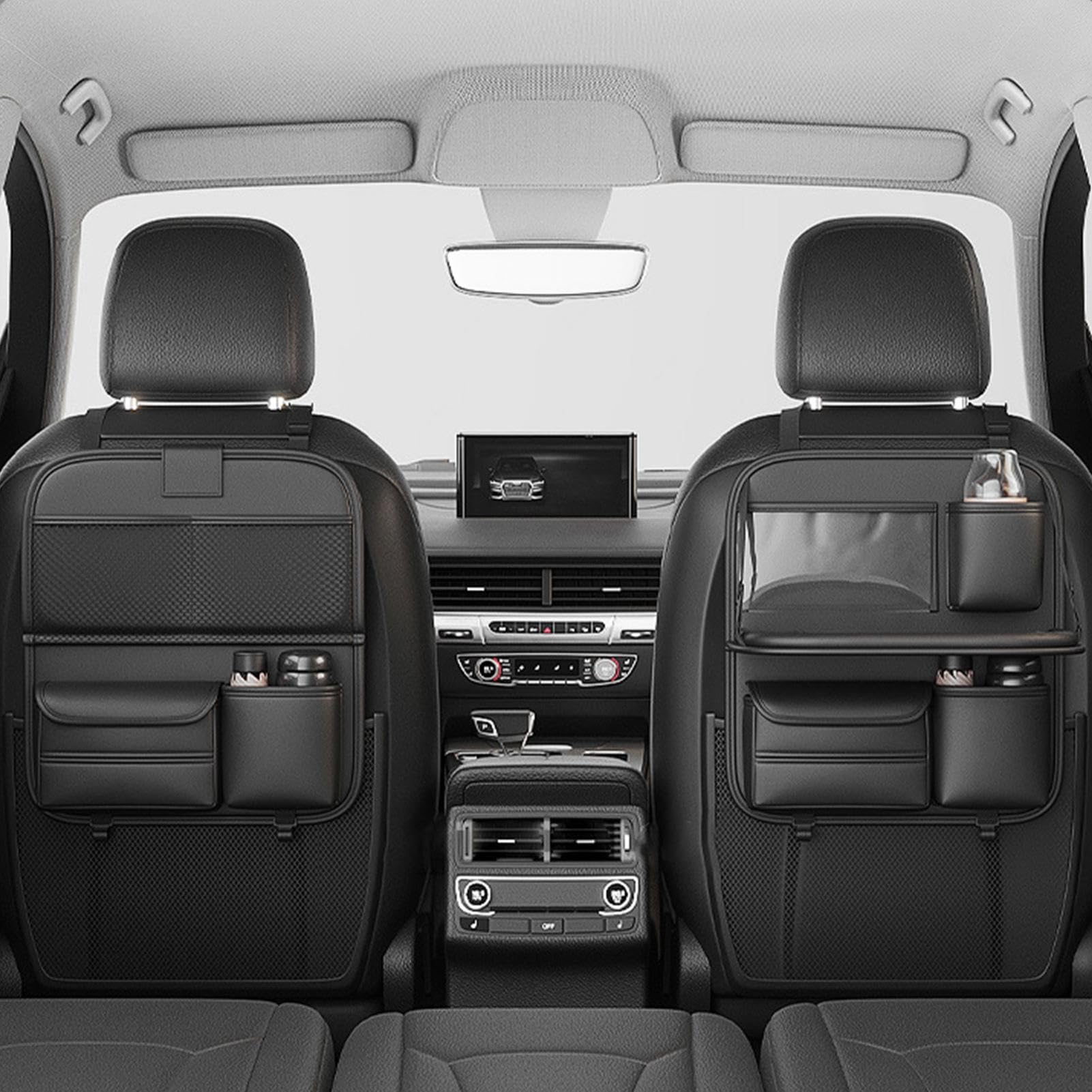 Organizador de asiento trasero – Organizador de asiento trasero de coche | con bandeja plegable | Bolsa de almacenamiento para respaldo de asiento de coche | Organizador de coche para asiento central