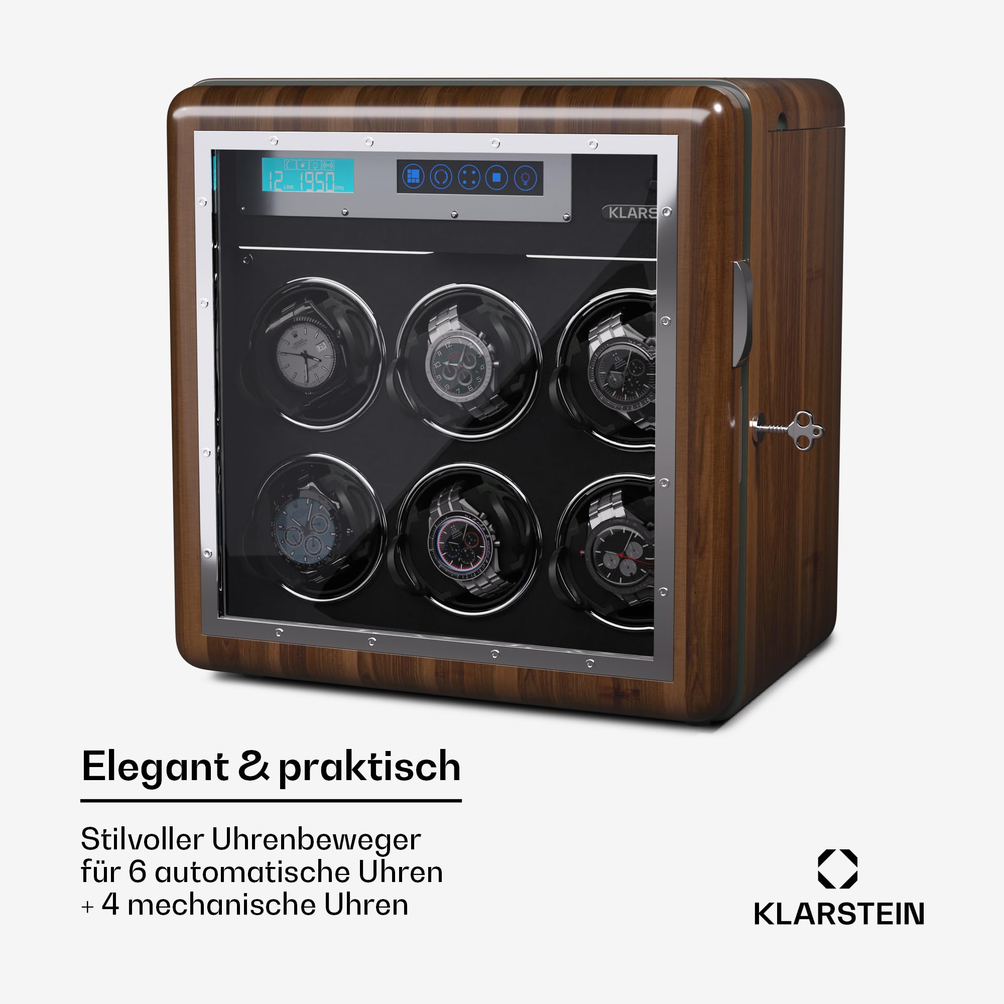 Klarstein Uhrenbeweger für Automatikuhren, Automatik-Uhrenbeweger für 6 Uhren, Automatikuhr Uhrenbeweger mit Acryl-Tür, Automatischer Uhrenbeweger, Blaue LEDs, Watch Winder mit 5 TPD Einstellungen