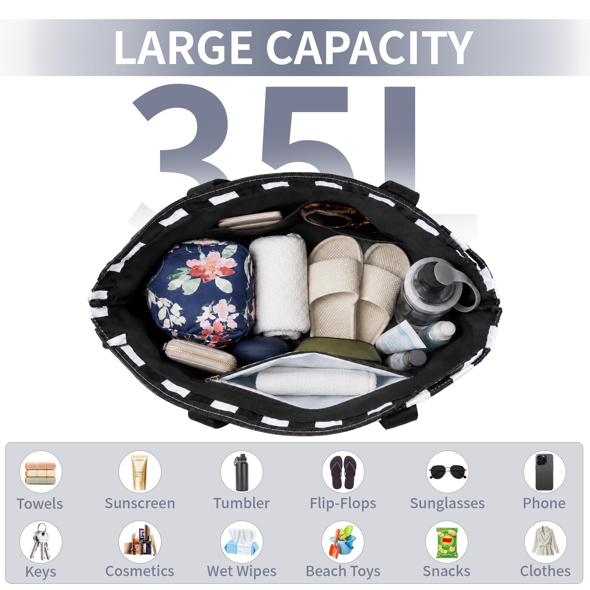 TAHAVICE 35L Große Strandtasche Damen, XXL Badetasche mit 5 Fächern & Nassfach, Wasserdichte Familie Strandtasche mit Reißverschluss, Beach Bag für Reise Strand Pool