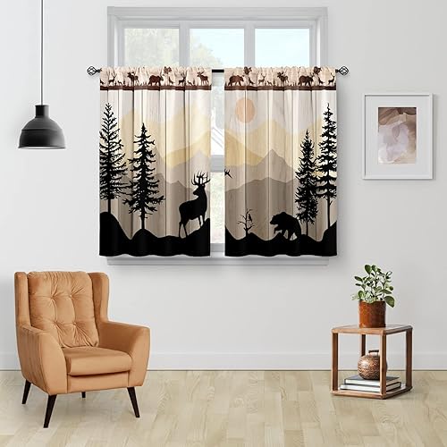 Miniatura 2 de Cortinas de cocina, diseño de atardecer en el bosque, rústicas, cortas, para cafetería, comedor, sobre el fregadero, retro, con árbol, oso, ciervo,