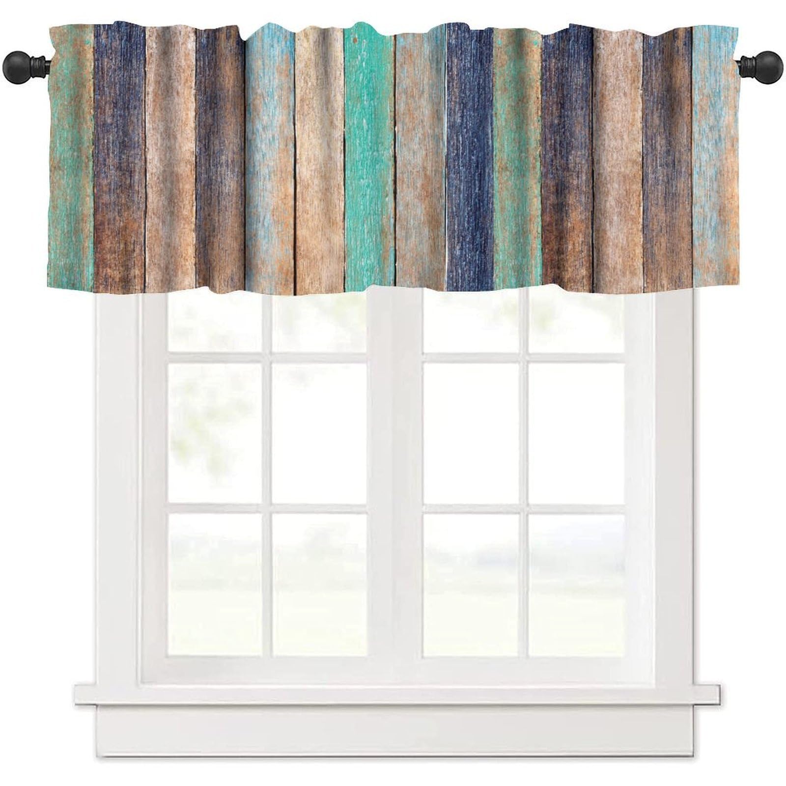 moderw Rustic Wooden Valance Curtain, Retro Color Board Plank Blue Grunge Window Treatment Valance for Farmhouse Home Living Dining Room Kitchen Canteens Café Décor 54x18inch