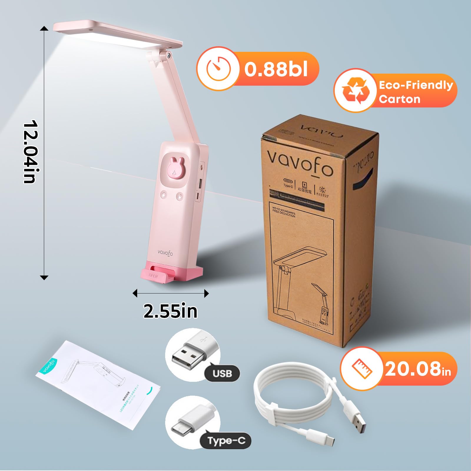 VAVOFO Schreibtischlampe, faltbar, tragbar, niedliche Schreibtischlampe, batteriebetriebene Schreibtischlampe, integriertes 6000 mAh wiederaufladbar, 3 Farben, warmrosa Schreibtischlampe, USB C