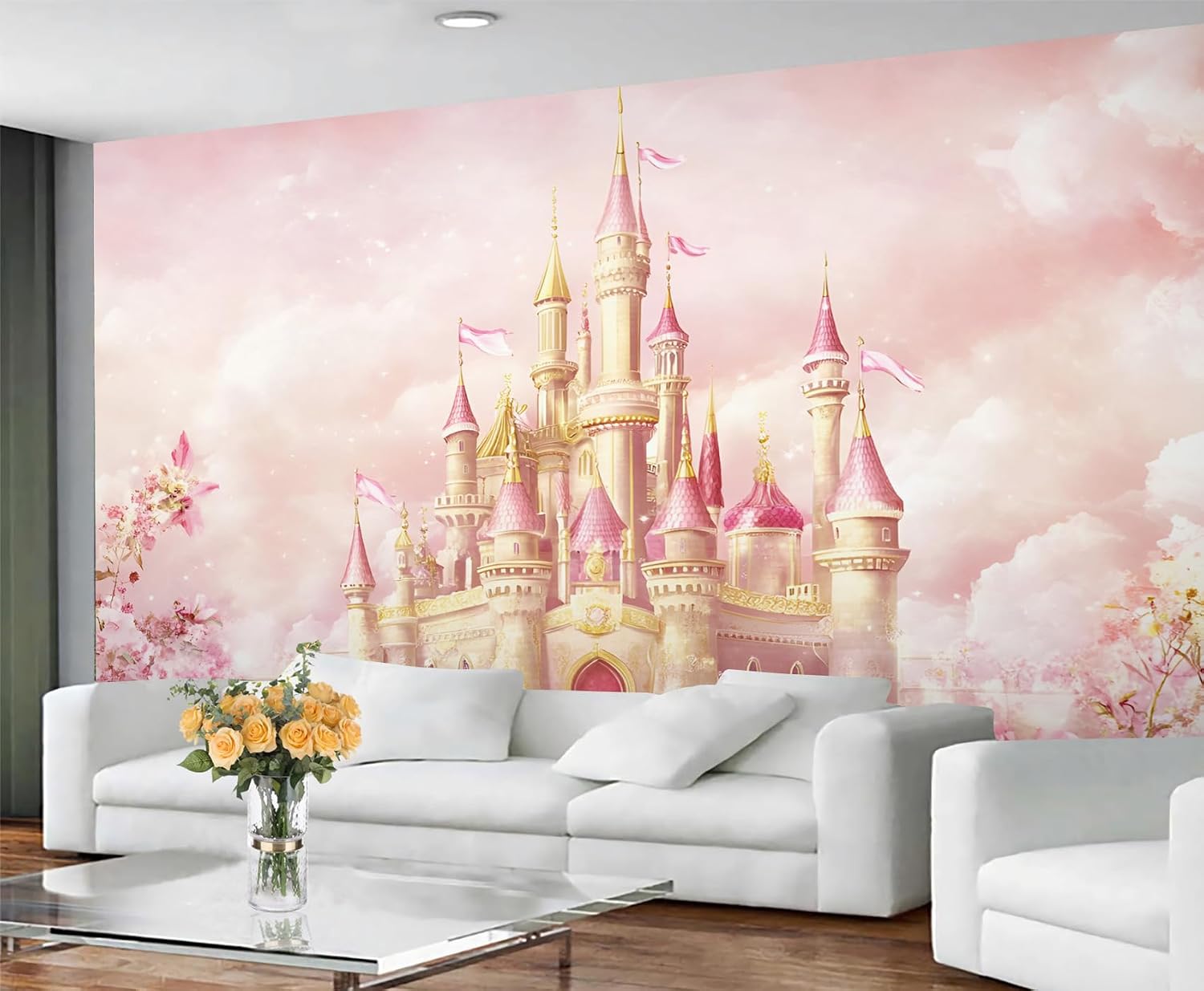 Pink Princess Castle Wall Mural, Fairy Tale Dream Castle 3D Wall Mural, Romantic Fantasy Royal Palace Wallpaper Mural, for Living Room Bedroom Large Wallpaper Indoor Decor 59" W x39.4 H