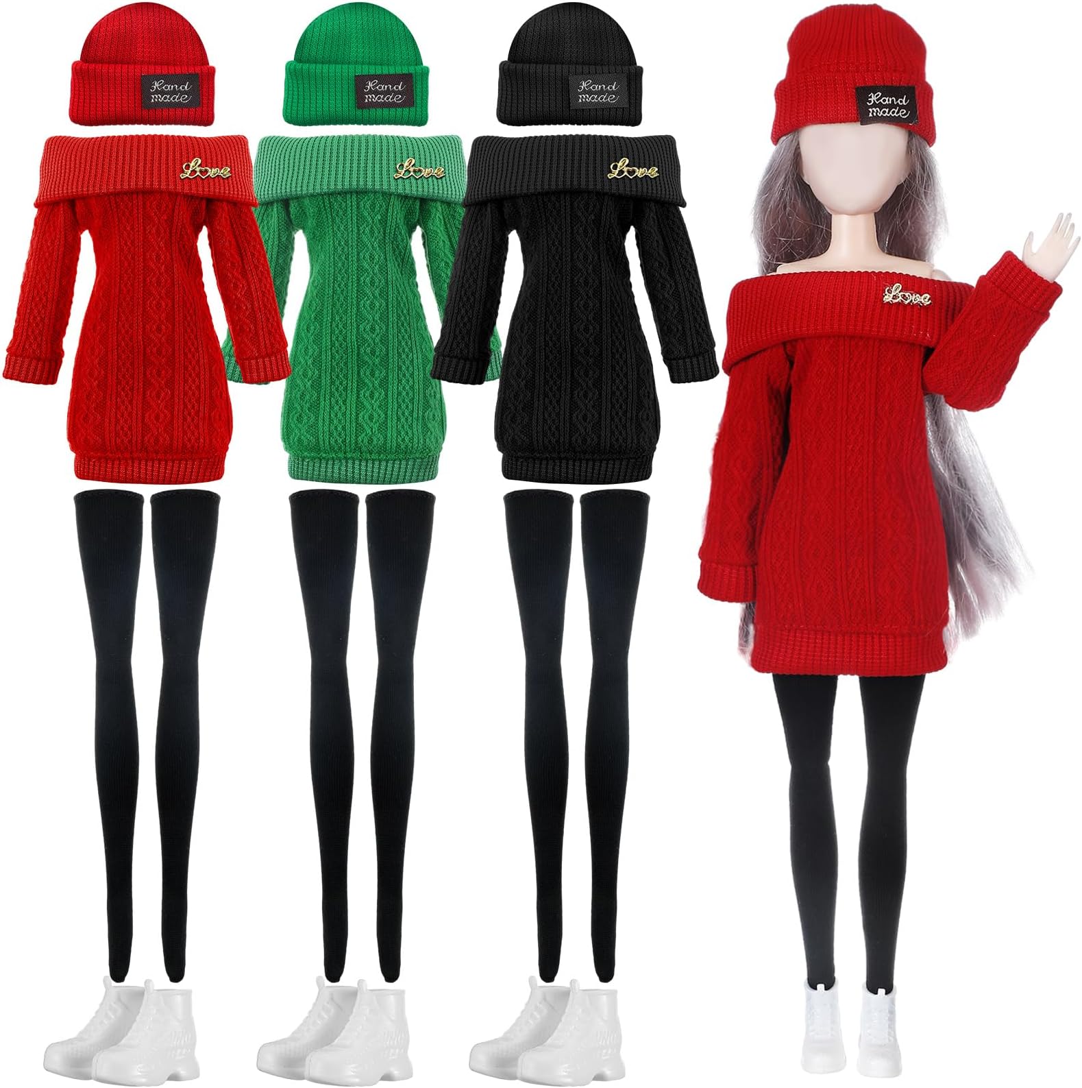 Geyoga 12 Pcs Doll Clothes and Accessories for 12 Inch Summer Dolls Sweater Pants Shoes Hat Outfits Doll is Not Included(Red, Green, Black,12 Inch)