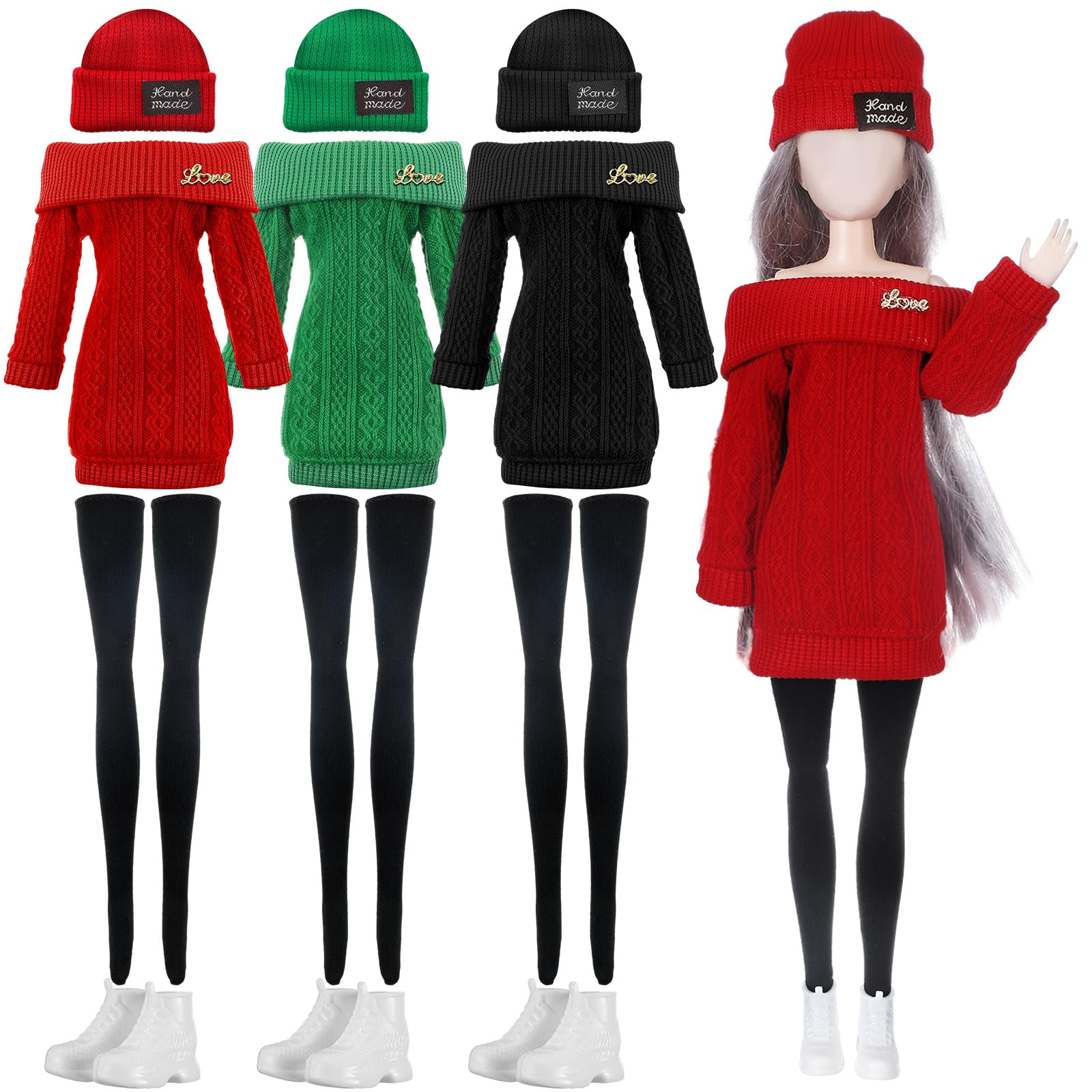 Geyoga3 Set 12 Pcs Doll Clothes and Accessories Suit Pants Shoes Spring Sweater Outfits, Dolls are Not Included(Red, Green, Black,12 Inch)
