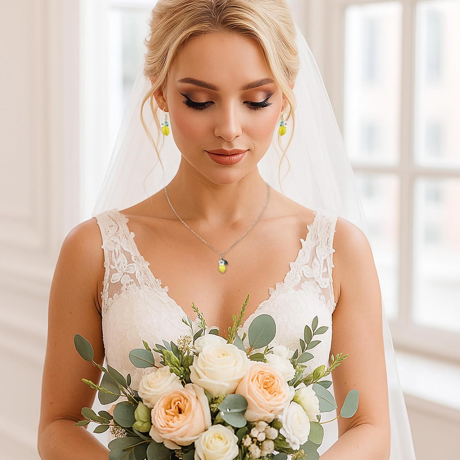 Lemon Earrings, Lemon Necklace, Resin Yellow Lemon Hoop Earrings Jewelry for Women, Playful Yellow Fruit Dangle Earrings with Necklace, Gift Rendy Drop Dangle Accessories for Summer - Image 6