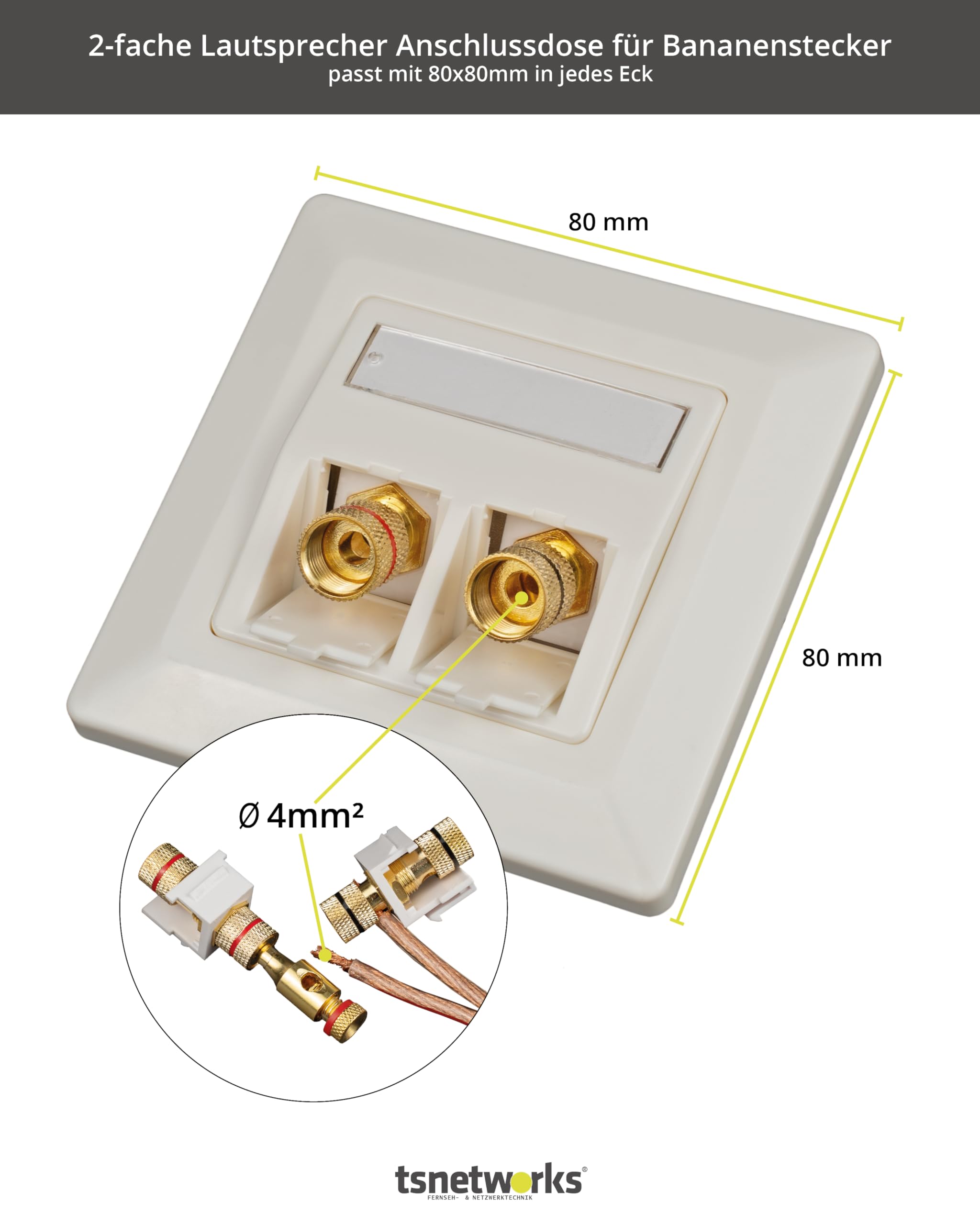 Głośnik Keystone Module czerwony/czarny z pokrywą 80 x 80 mm - 1 szt. w zestawie - zacisk biegunowy LS z zaciskiem śrubowym pozłacany, kompatybilny z wtyczką bananową