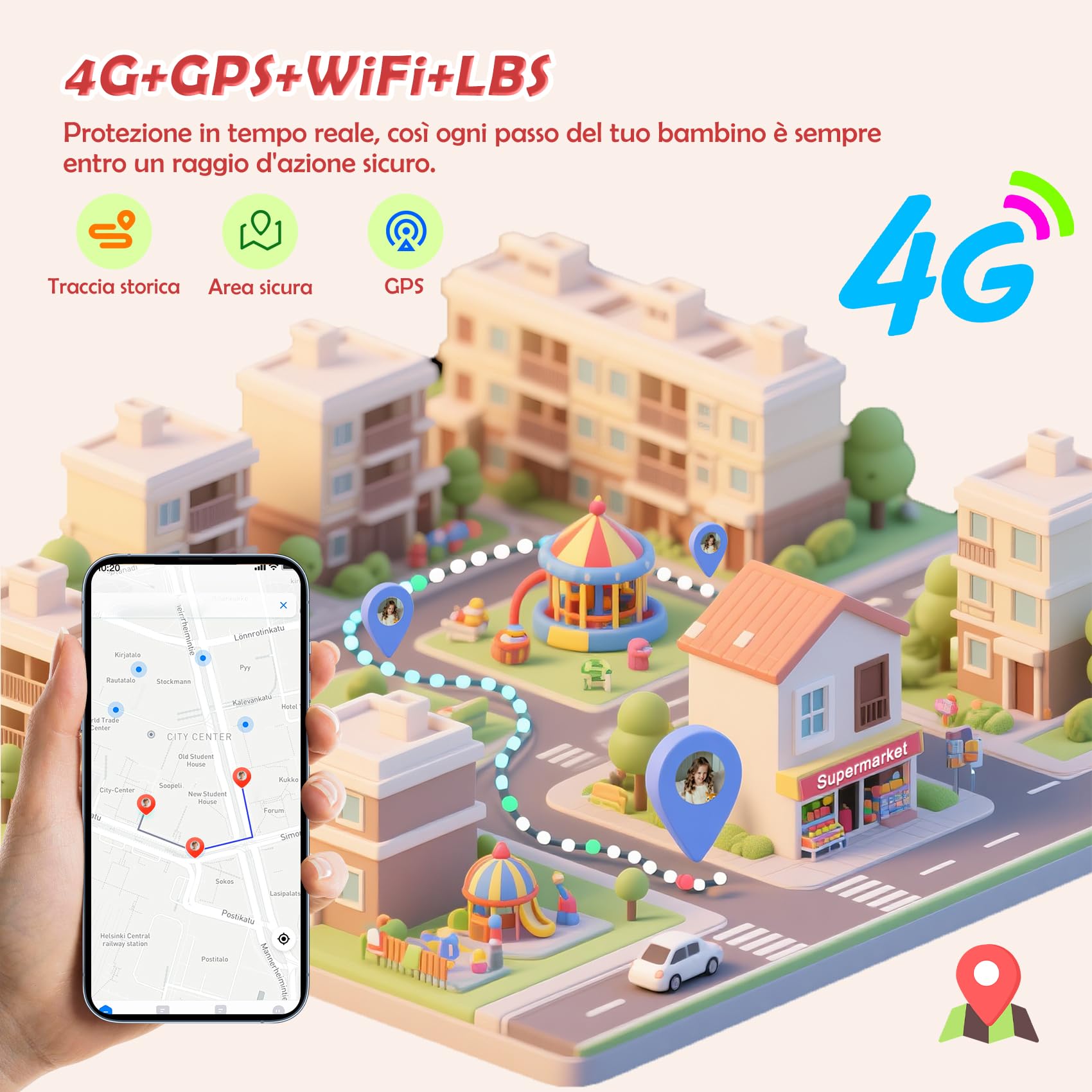 Baolubao 4G Smartwatch per bambini localizzatore GPS+WIFI+LBS confunzione SOS,Video chiamata/ChiamataTelefonica/Chat Vocale/SMS/Sveglia/Modalitàclasse,Telecamera,Giochipuzzle 800mAh Batteria