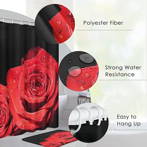 Miniatura 2 de Pamnest Juego de 4 cortinas de ducha, diseño de rosas rojas y negras, impermeables, con alfombras antideslizantes, cubierta para tapa de inodoro y