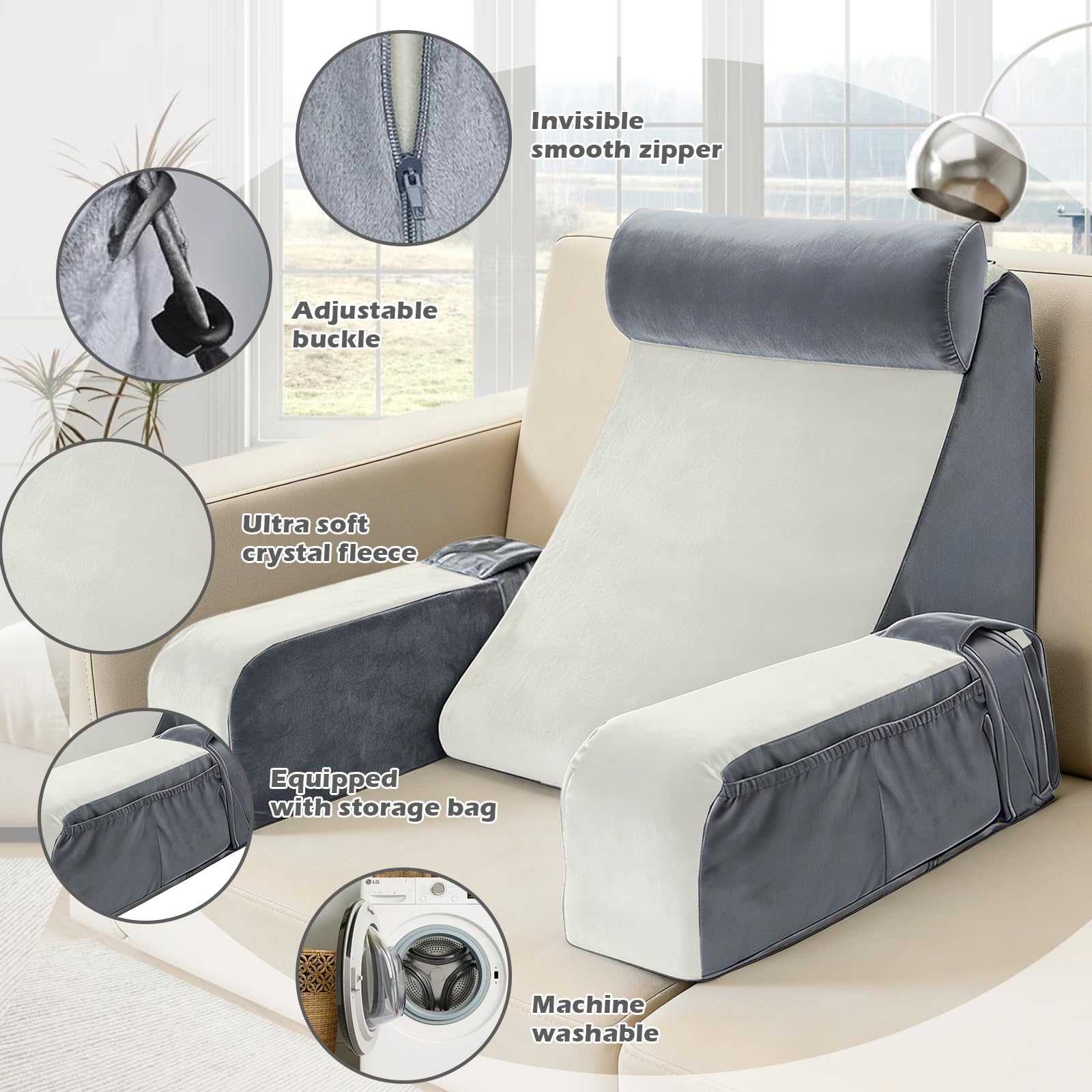 Cuscino da lettura per adulti, cuscino per schienale per letto e divano con braccioli rimovibili, schienale ergonomico per leggere, guardare la TV e rilassarsi, rivestimento lavabile