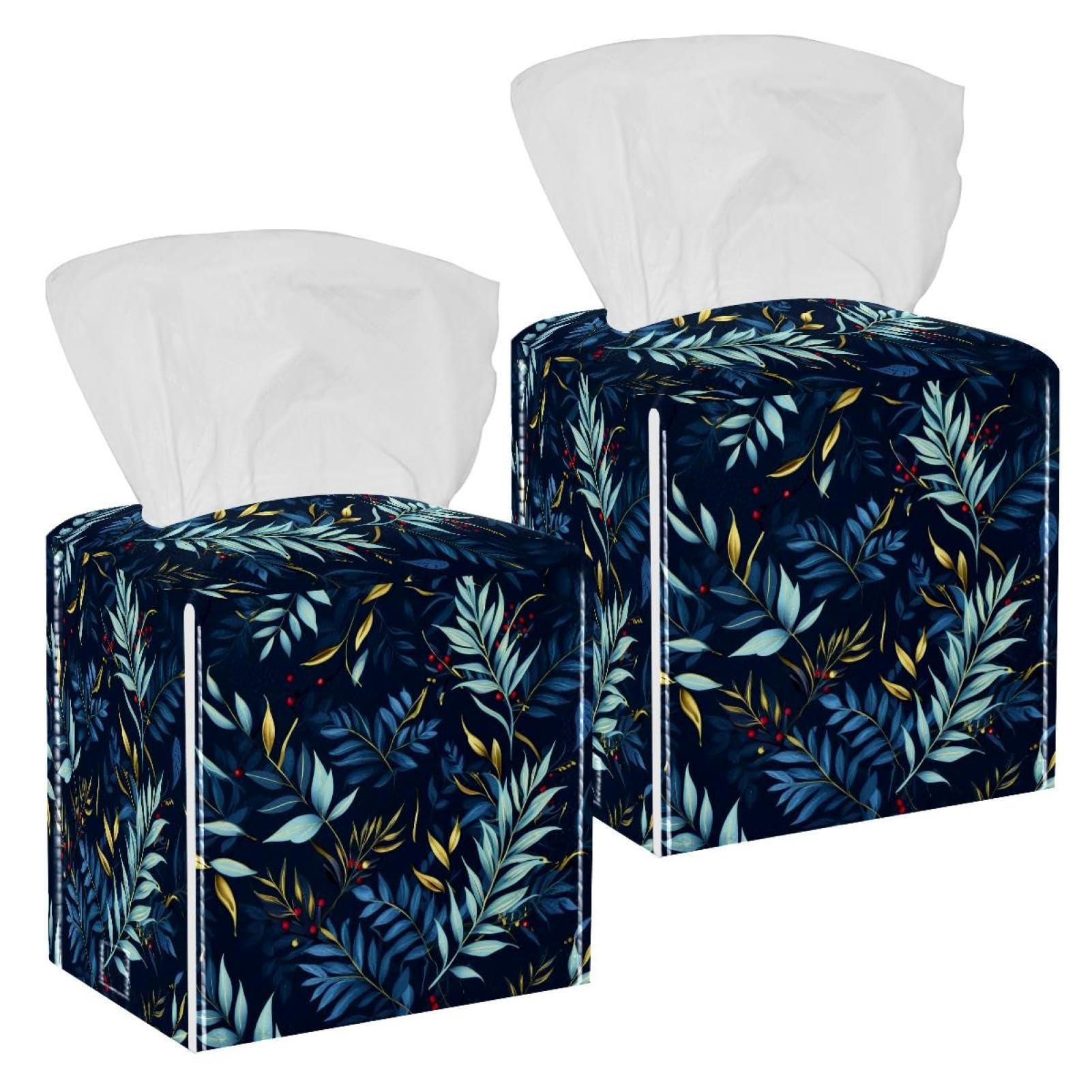 Artistic Leaves Tissue Box Cover, 2 Pack PU Leather Square Facial Tissue Dispenser Box holder for Home Office Car
