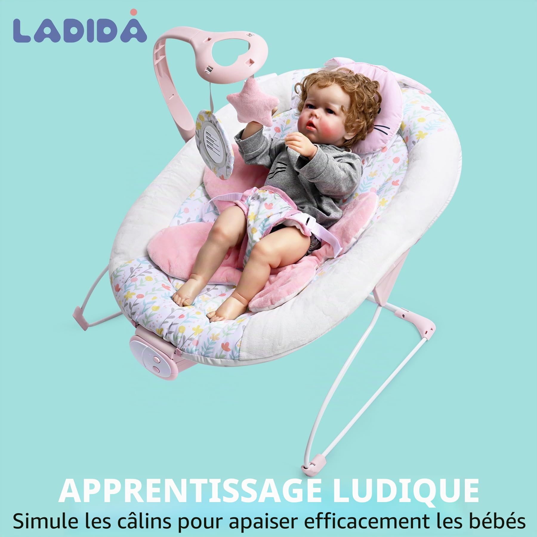 LADIDA Transat pour bébé de la naissance à 6 mois, balancelle bébé avec 3 vitesses et 8 chansons apaisantes, siège vibrant pour nourrisson avec barre de jeux amovible, portable et léger (Lapin Rose)