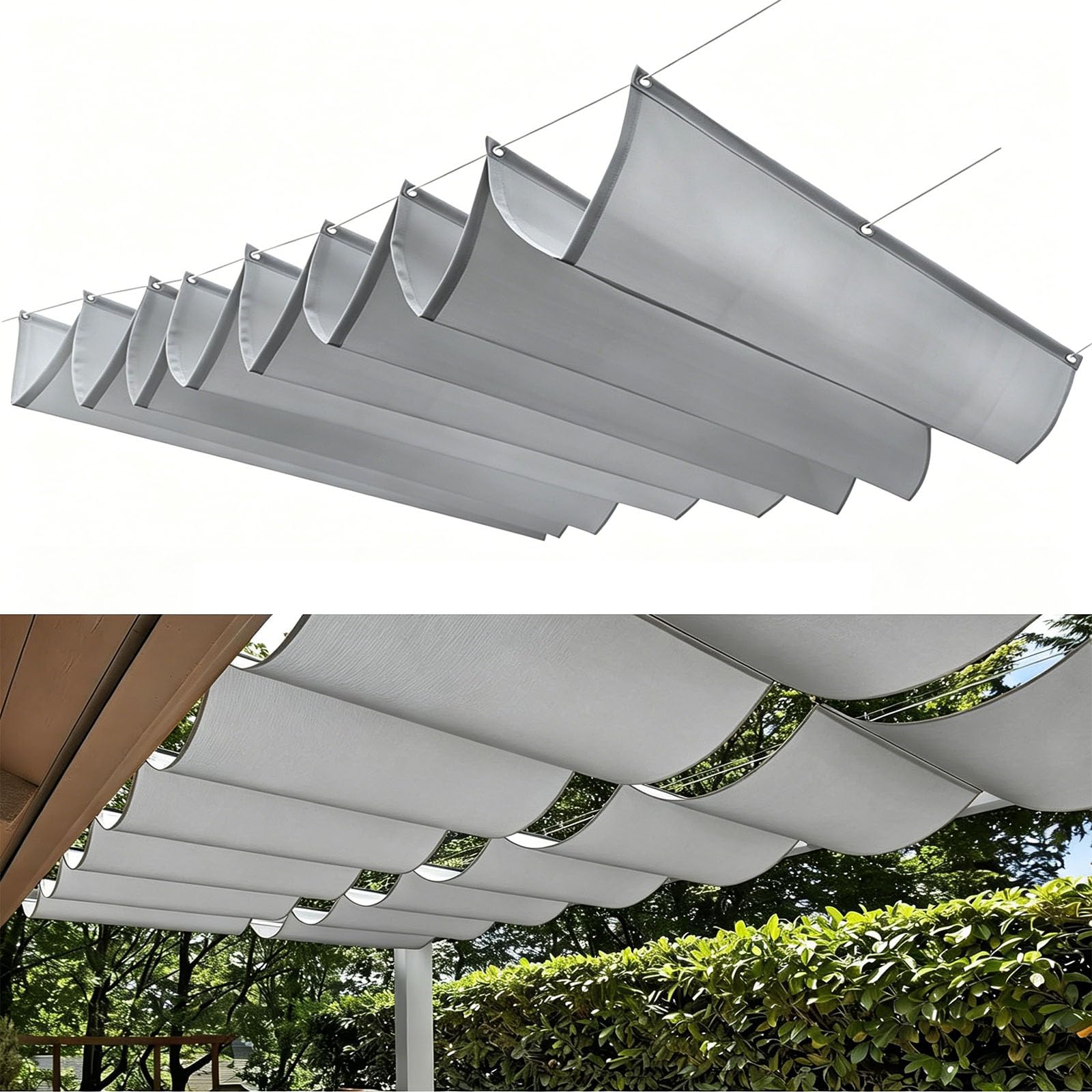 Voile d'ombrage Rétractable à Vagues 280 x 480 cm Réglable, Protection Solaire, Imperméable Pergola Résistante Aux UV Voile Solaire Réglable pour Extérieur Jardin, Gris Clair