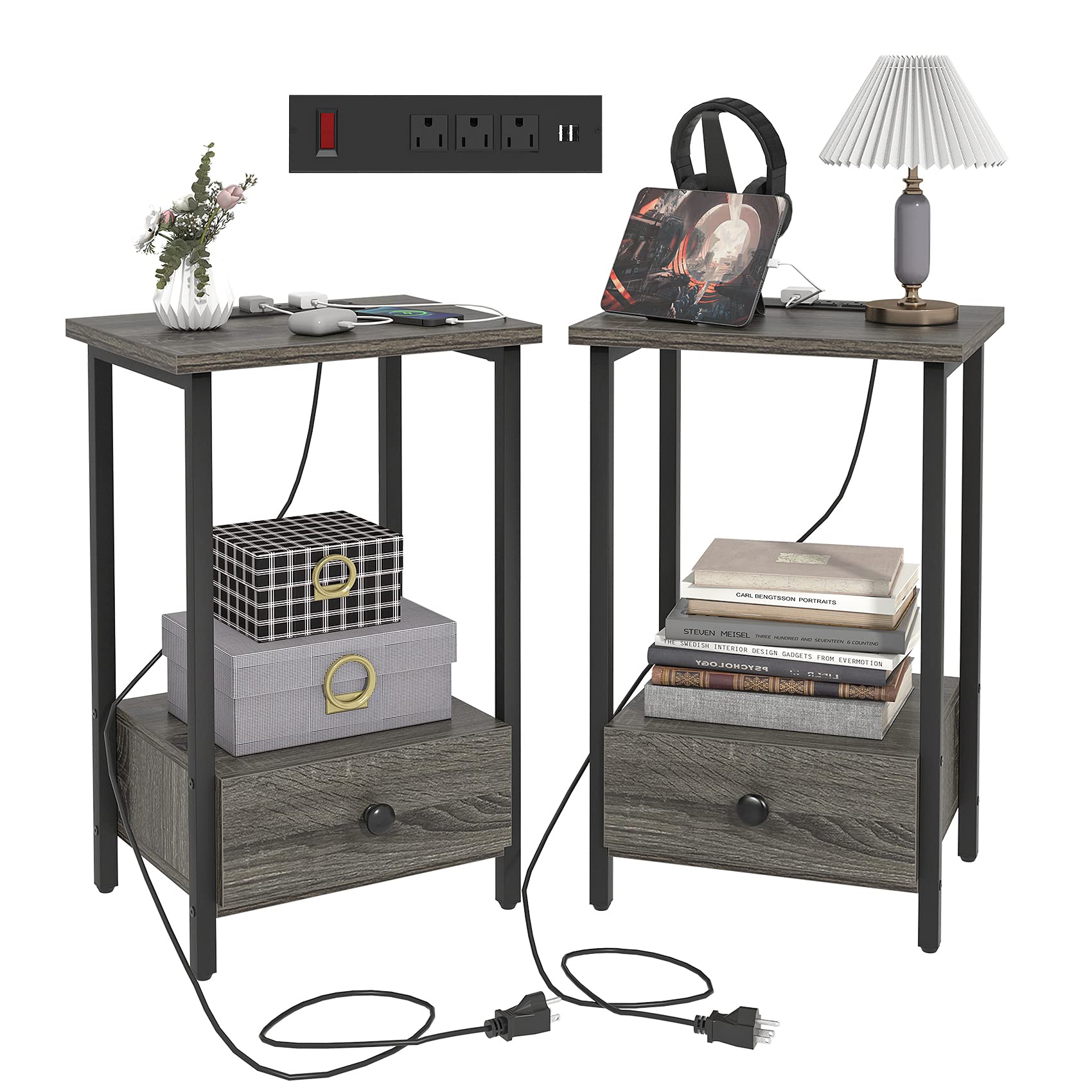Side Table with Charging Station, Night Stands for Bedrooms Set of 2 with Drawer and Shelf, End Table with USB Ports & Power Outlet, Bed Side Table for Bedroom, Living Room, Grey