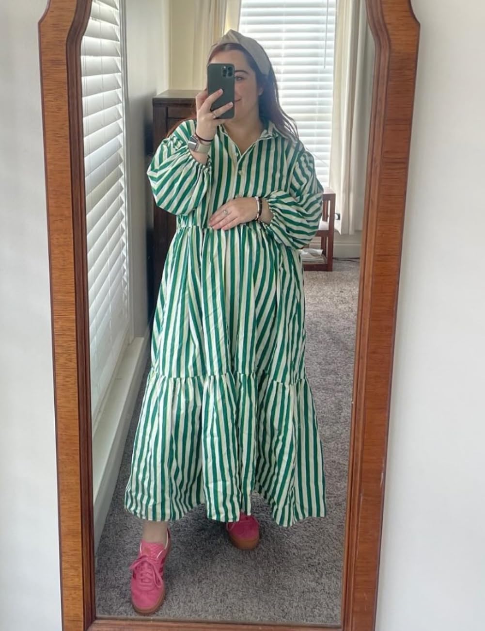 Womens Babydoll Striped Shirt Midi Dress Puff Long Sleeve Collared Button Tunic Flowy Swing Dresses - Image 6