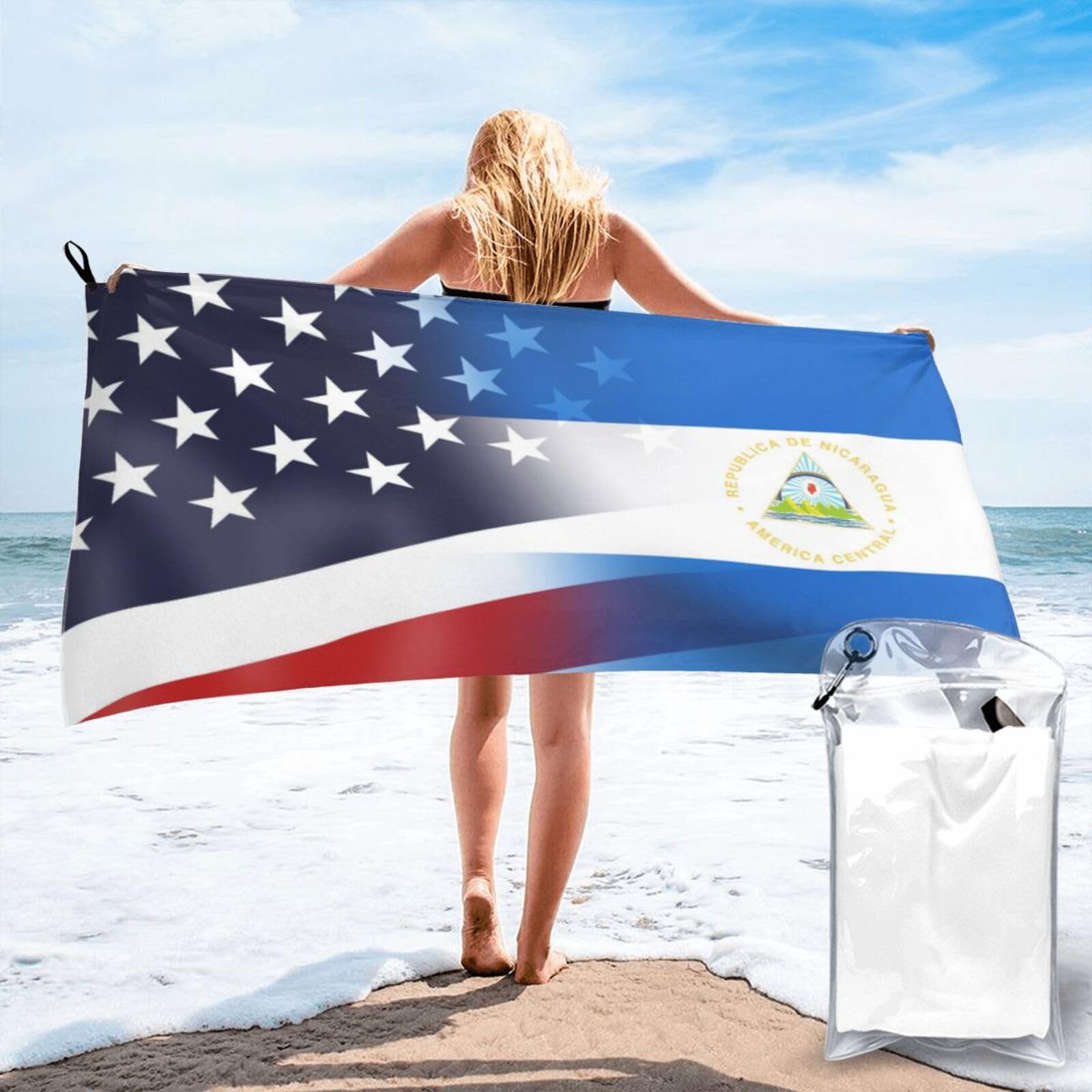 HACXZ Funny America Flag and Nicaraguan Nicaragua Flag Absorbent Beach Towel Microfiber Beach Shower Towel 27.5"X55"