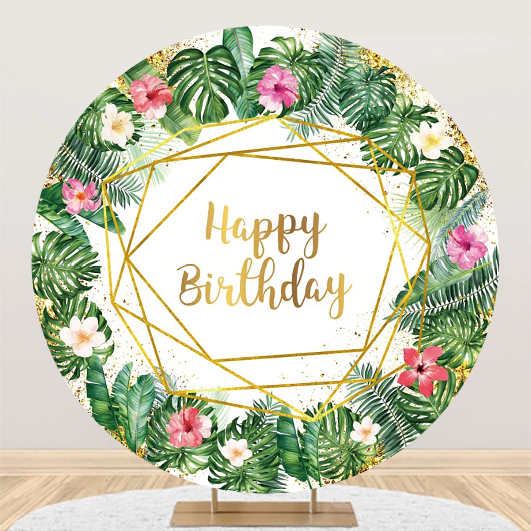 Laeacco 7.2x7.2FT Happy Birthday Round Backdrop Cover Polyester Tropical Birthday Party Circle Backdrop Green Palm Leaves Gold Glitter Floral Flower