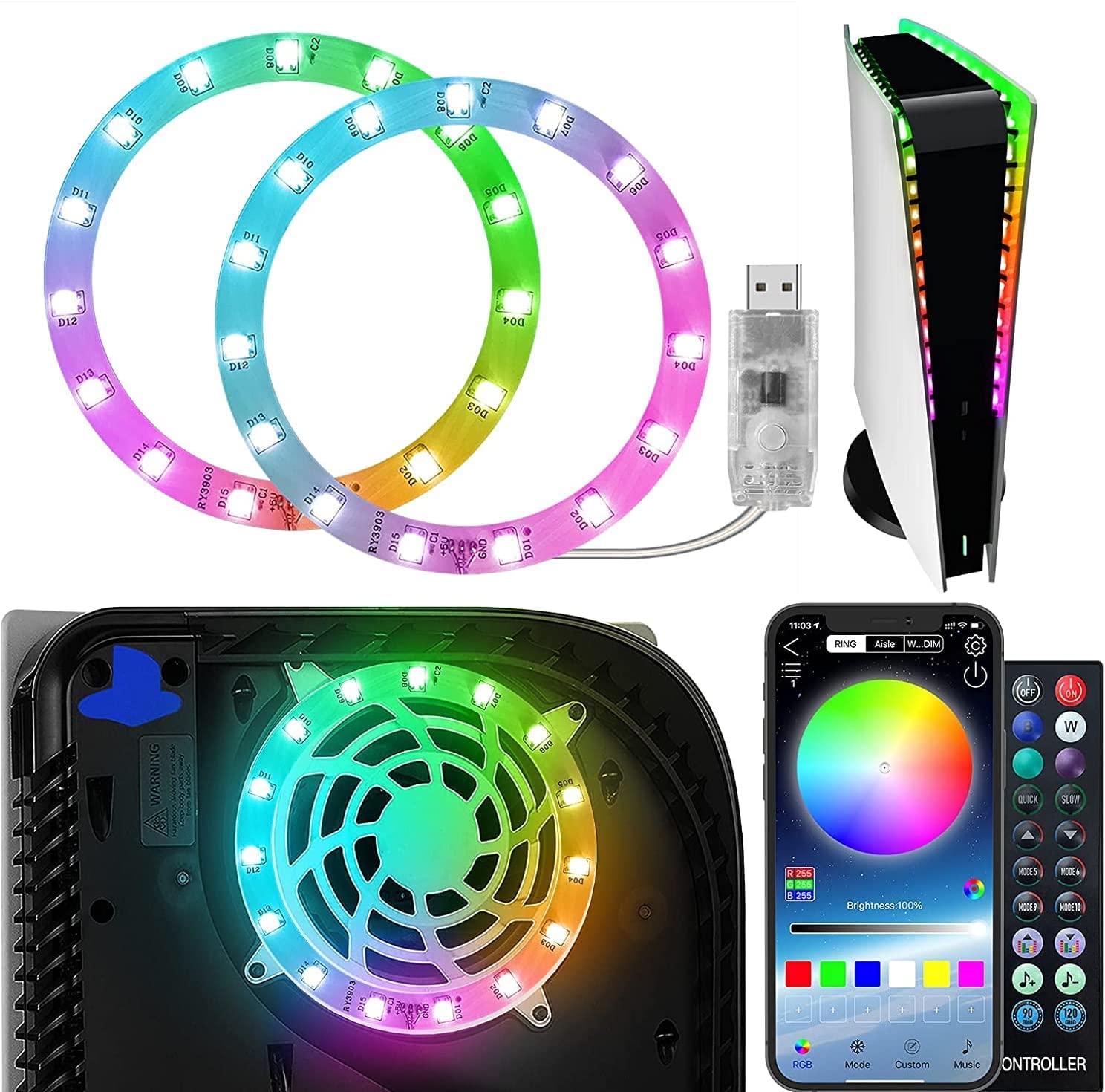 LED Lights Strip for Playstation 5 Console, RGB PS5 LED Light DIY Accessories with Bluetooth &Sync Music& 400 Effects 8 Colors for Playstation 5 Console with App Control,Remote, USB 3 Control