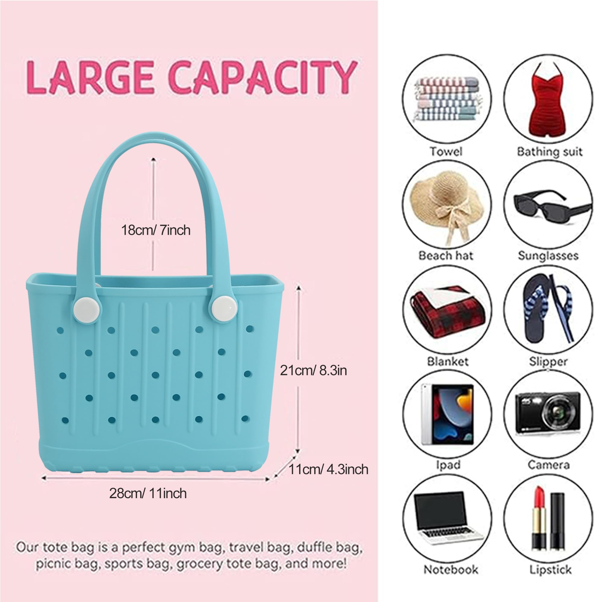 Rubber Tote Bag Small Beach Bag Waterproof Travel Bags Washable Tote Portable Open Handbag for Sports Beach Boat Outdoor