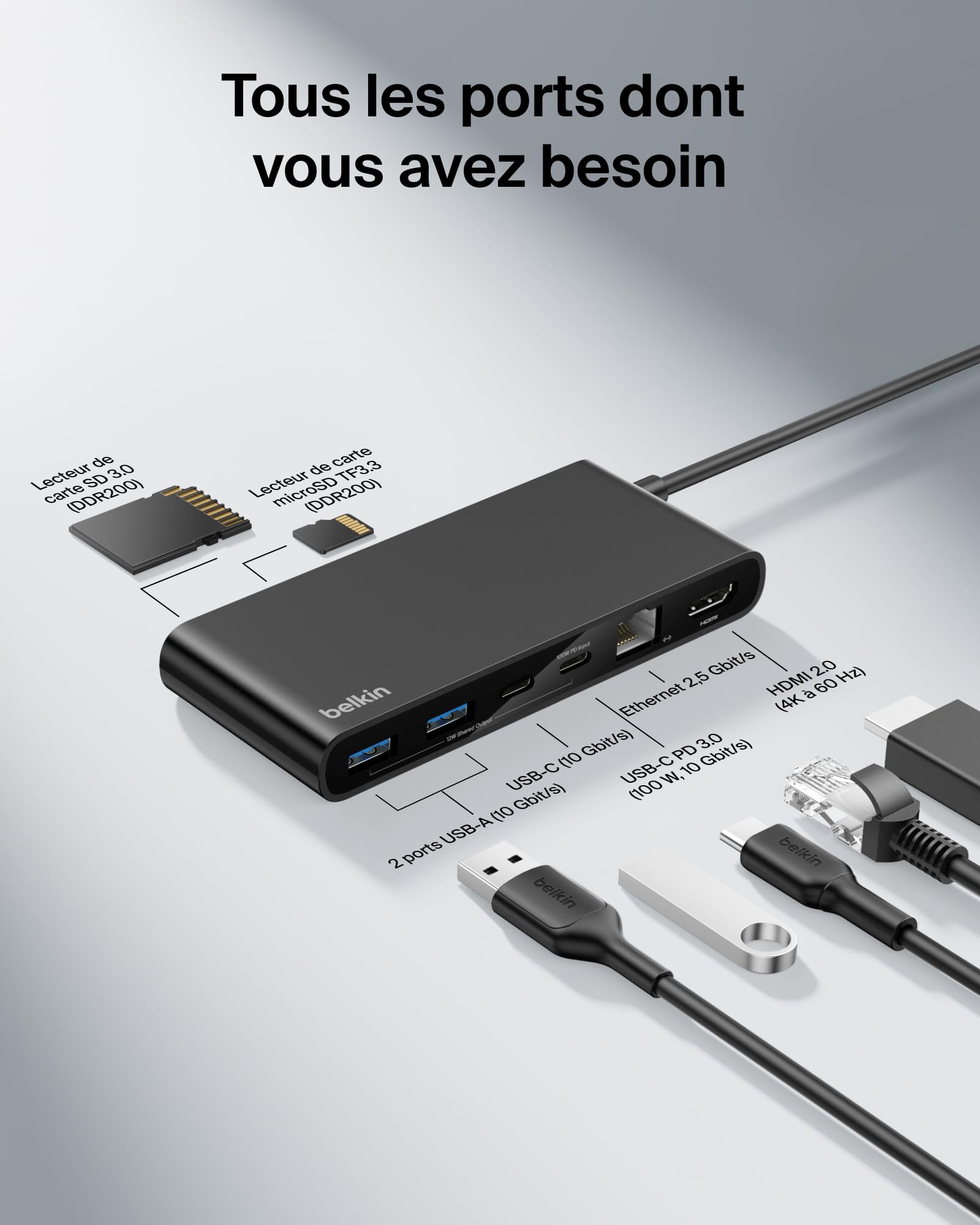 Belkin Connect Hub USB C 8-en-1, Prise en Charge De La Résolution 4K à 60 Hz, Fonctionne avec Mac, Windows, Chromebook, PD de 100 W, Transfert De Données De 10 Gbit/s, Ethernet De 2,5 Gbit/s - Noir