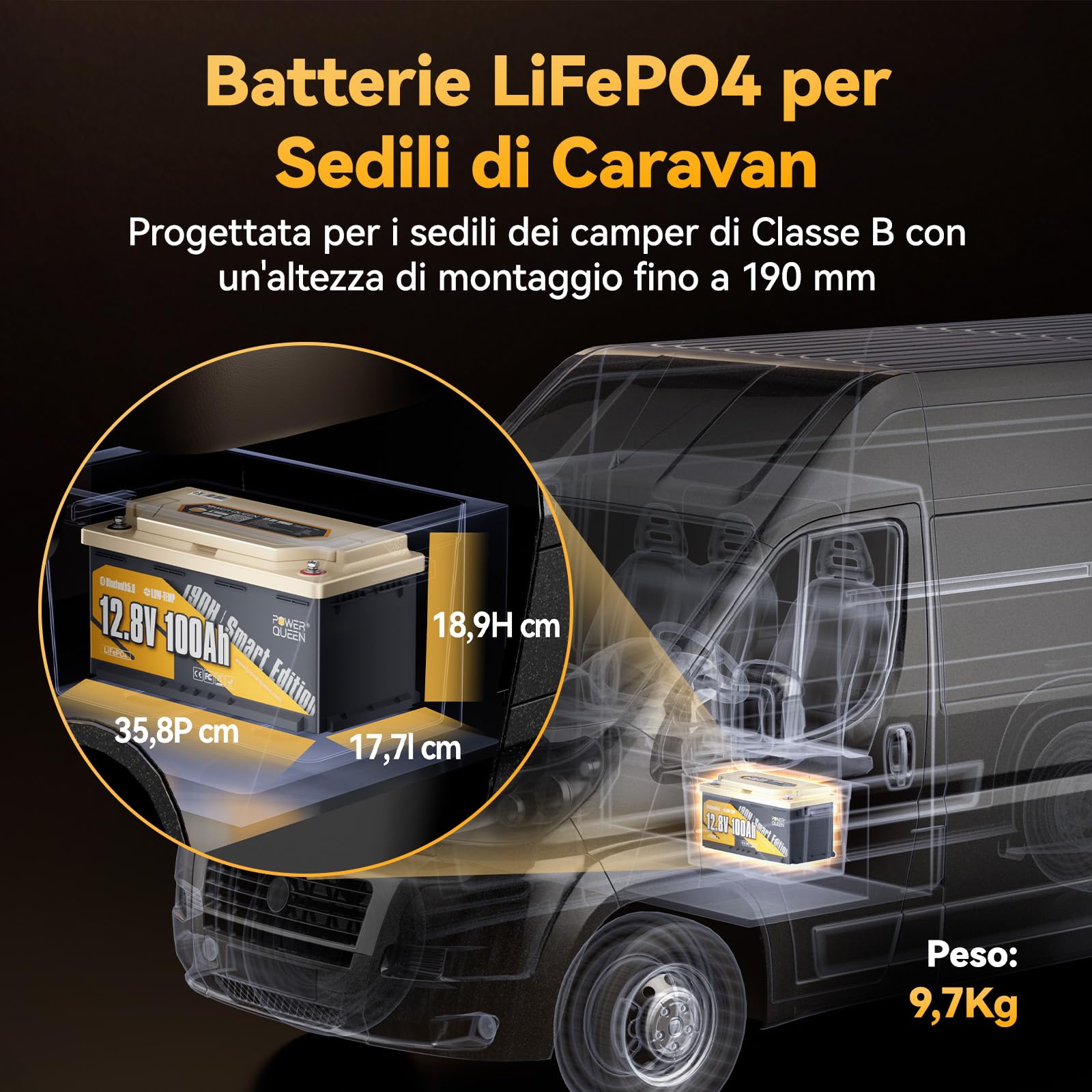 Power Queen Batteria al litio Bluetooth 12V 100Ah H190, 100A BMS con Bassa Temp Protezione, 4000+ Cicli Profondi, per Campeggio, Roulotte Viaggi, Vita a Barca, Sistema Solare - 1 Pezzo