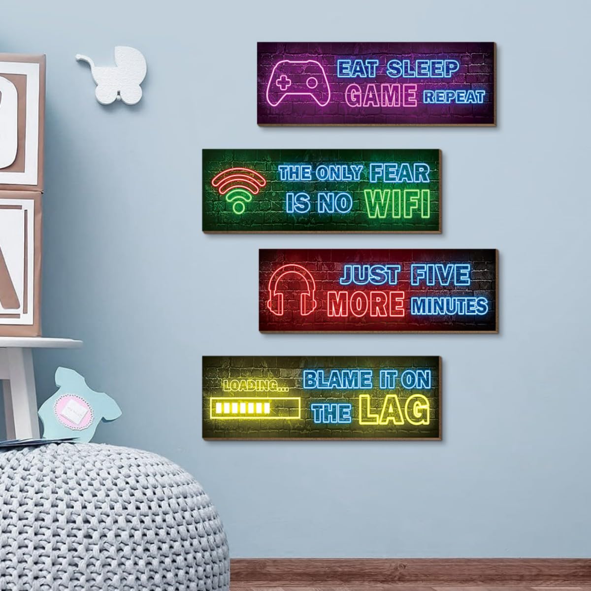 4Pcs Pósteres De Madera Para Juegos, Cuadros De Pared, Juego De Cuadros De Pared Para Sala De Estar, DecoracióN De Pared Para Habitaciones De (Neón B)