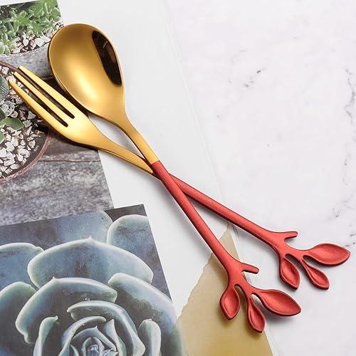 Miniatura 4 de AnSaw 5 cucharas de café pequeñas y 5 tenedores para postres, acero inoxidable de 4.7 pulgadas con mango de hojas (rojo y dorado)