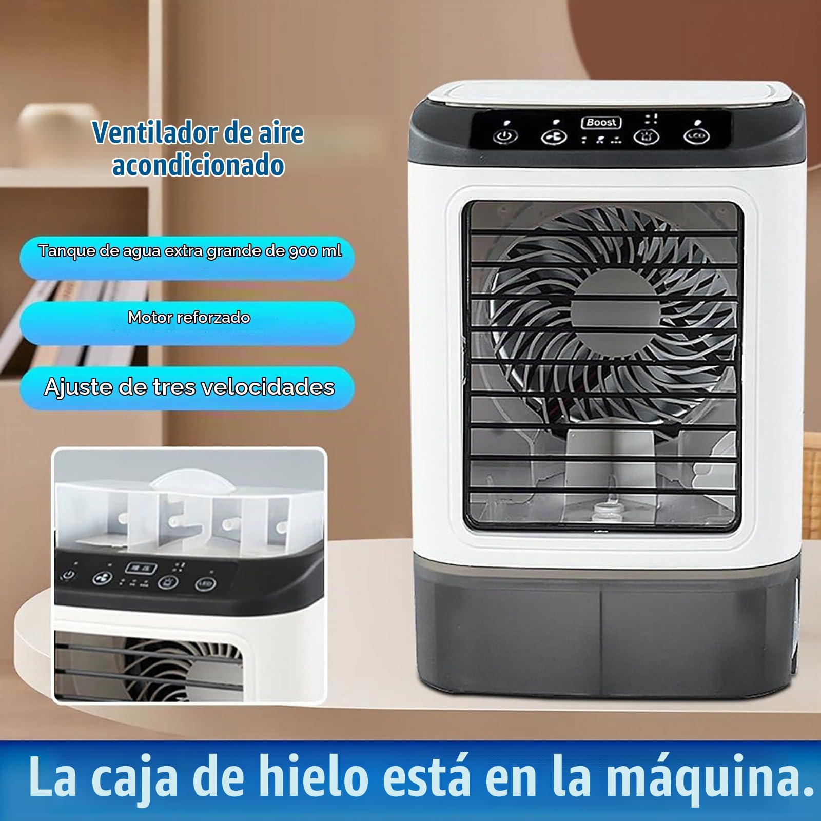 Aire acondicionado portátil,ventilador de aire frío,ventilador de ahorro de energía,mini enfriador de aire 3 en 1,tanque de agua grande de 900 ml,con luz led, adecuado para dormitorios Double spray