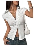 Women's Short Sleeve Ruched Shirts Summer Going Out Top Collared Button Up Blouse Tops