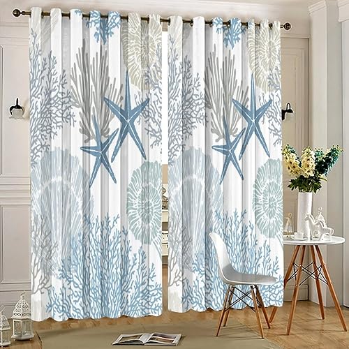 Miniatura 5 de Llylumty Cortinas náuticas, estrellas de mar costeras, acuarela, océano, lado del mar, playa, coral, tema marino, cortinas opacas con ojales para