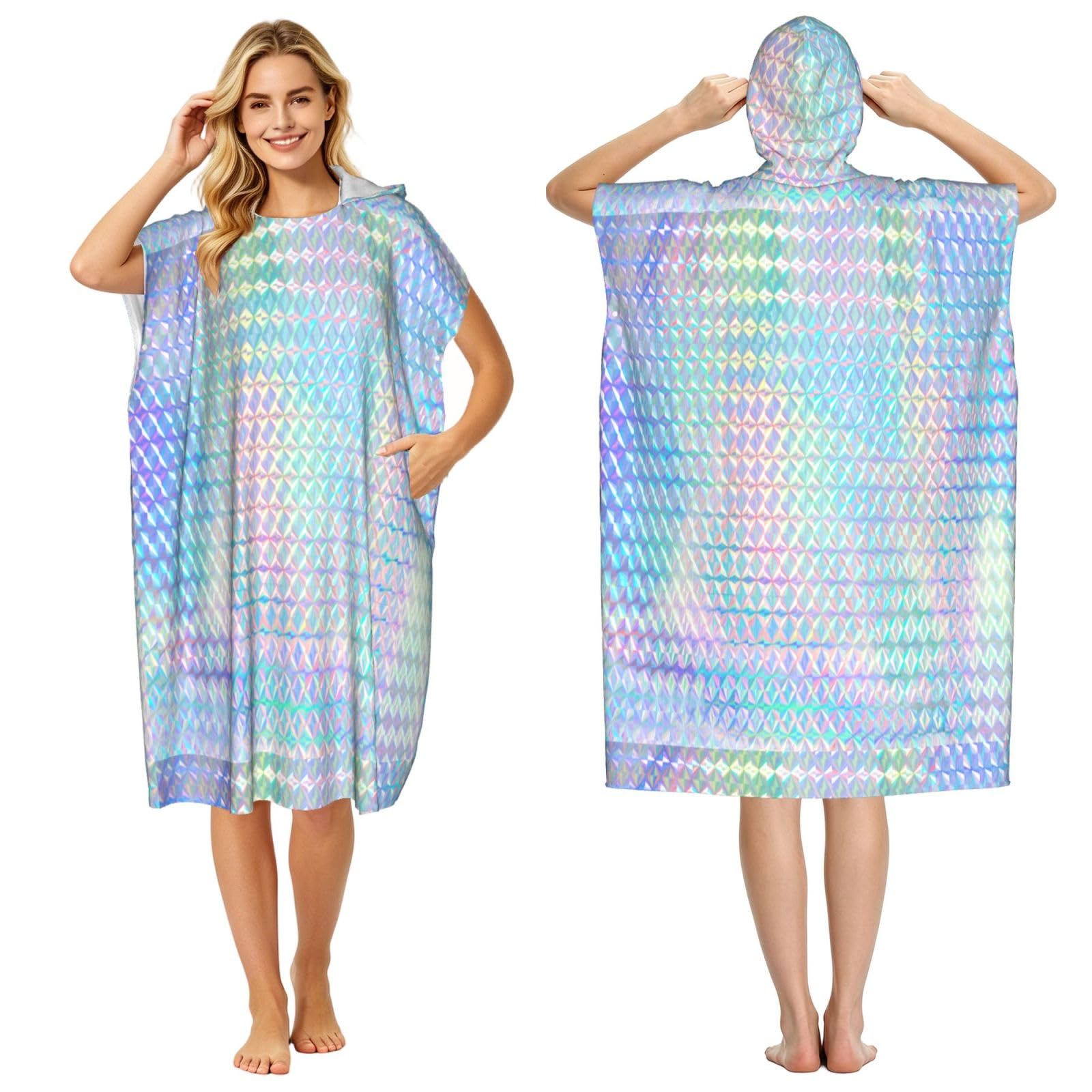 Poadnly Colourful Rainbow Colour Hologram Holographic, Adult Hooded Beach Towel 90 x 110 cm,Changing Bath Robe, Surf Poncho Towel For Women Men