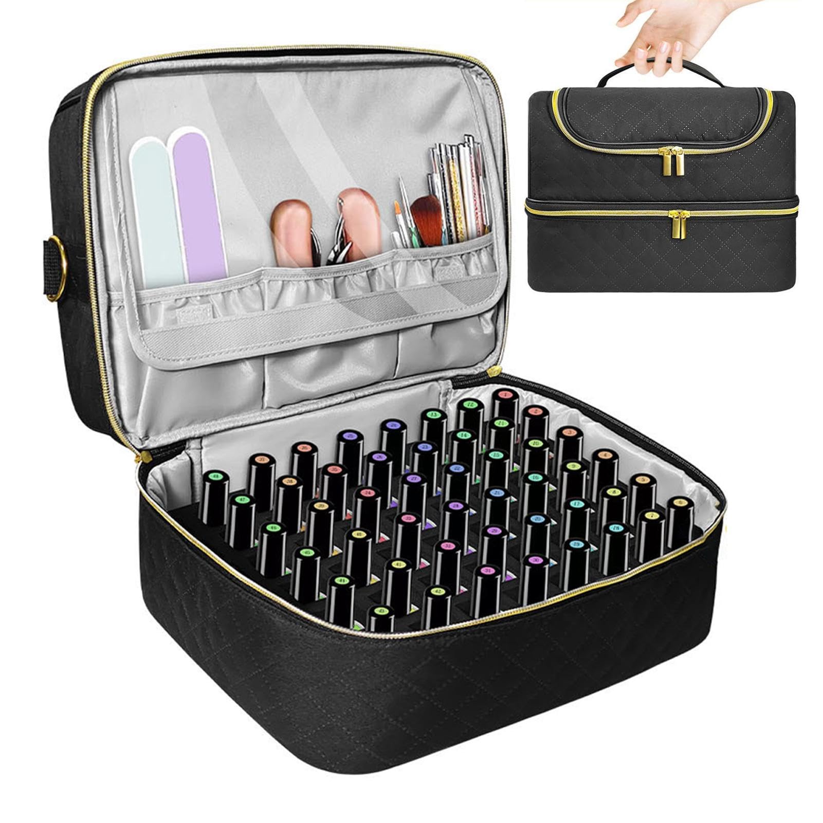Organizer per smalto gel, borsa da viaggio per smalto per unghie | a doppio strato, contiene 60 bottiglie e asciugatrice, contenitore per oggetti e strumenti per manicure, robusto e compatto,