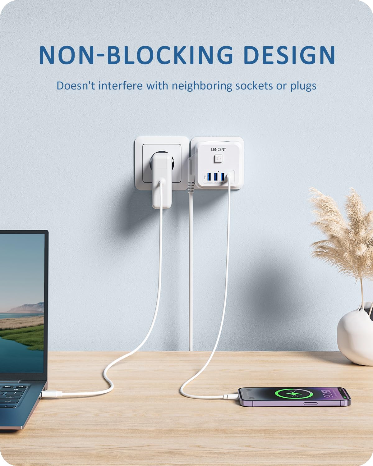 LENCENT Cubo Enchufe USB 7 en 1, Ladron Enchufes 4000W, Triple Múltiples Pared con 3 Tomas de CA, 3 USB-A, 1 Tipo C y Interruptor, Cargador Regleta Pared para Oficina, Cocina y Habitación