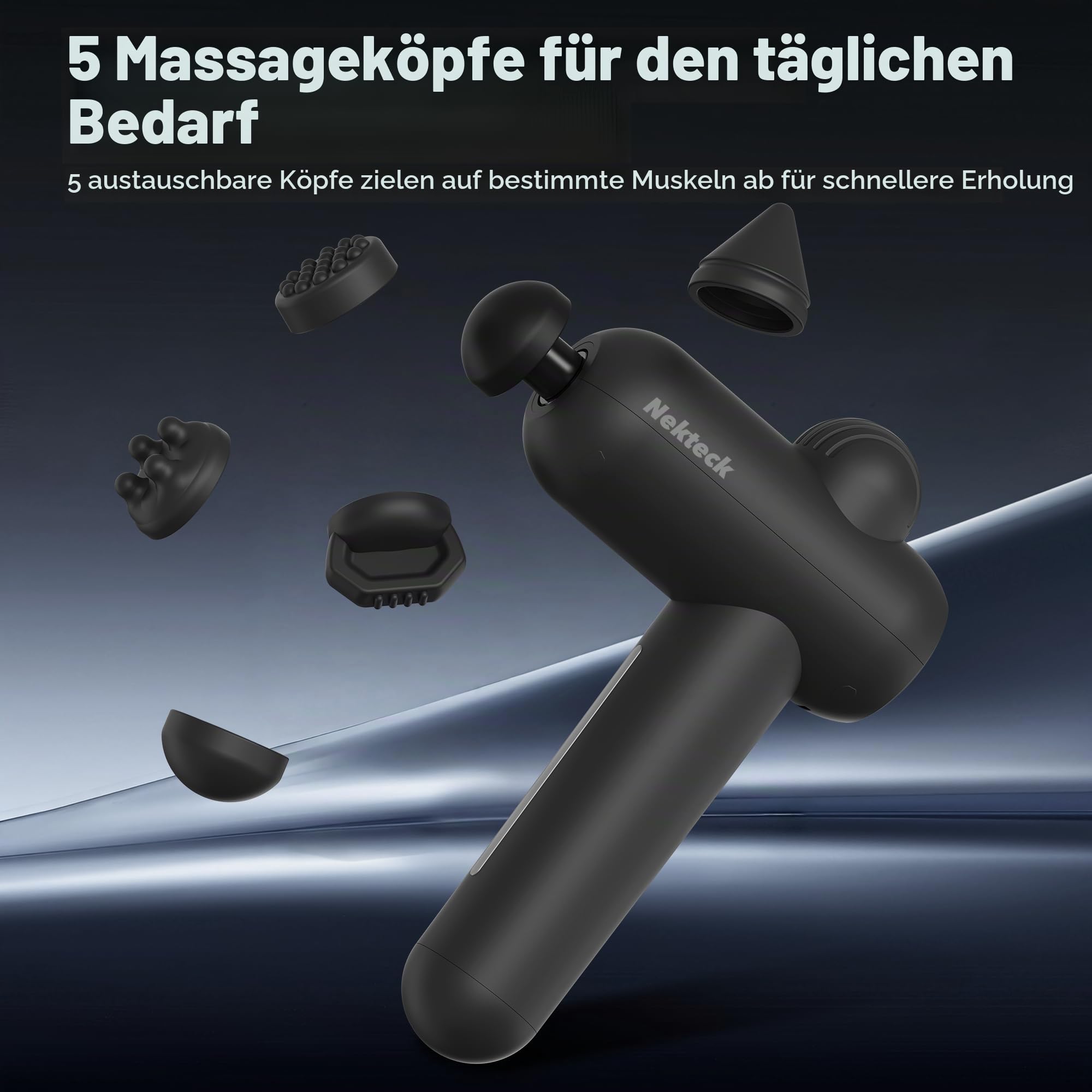 Nekteck Massagepistole, Muskel-Percussion-Massagepistole für Sportler, tragbare Hand-Tiefengewebe-Massagepistole mit 5 einstellbaren Geschwindigkeiten und 6 Massagekopf