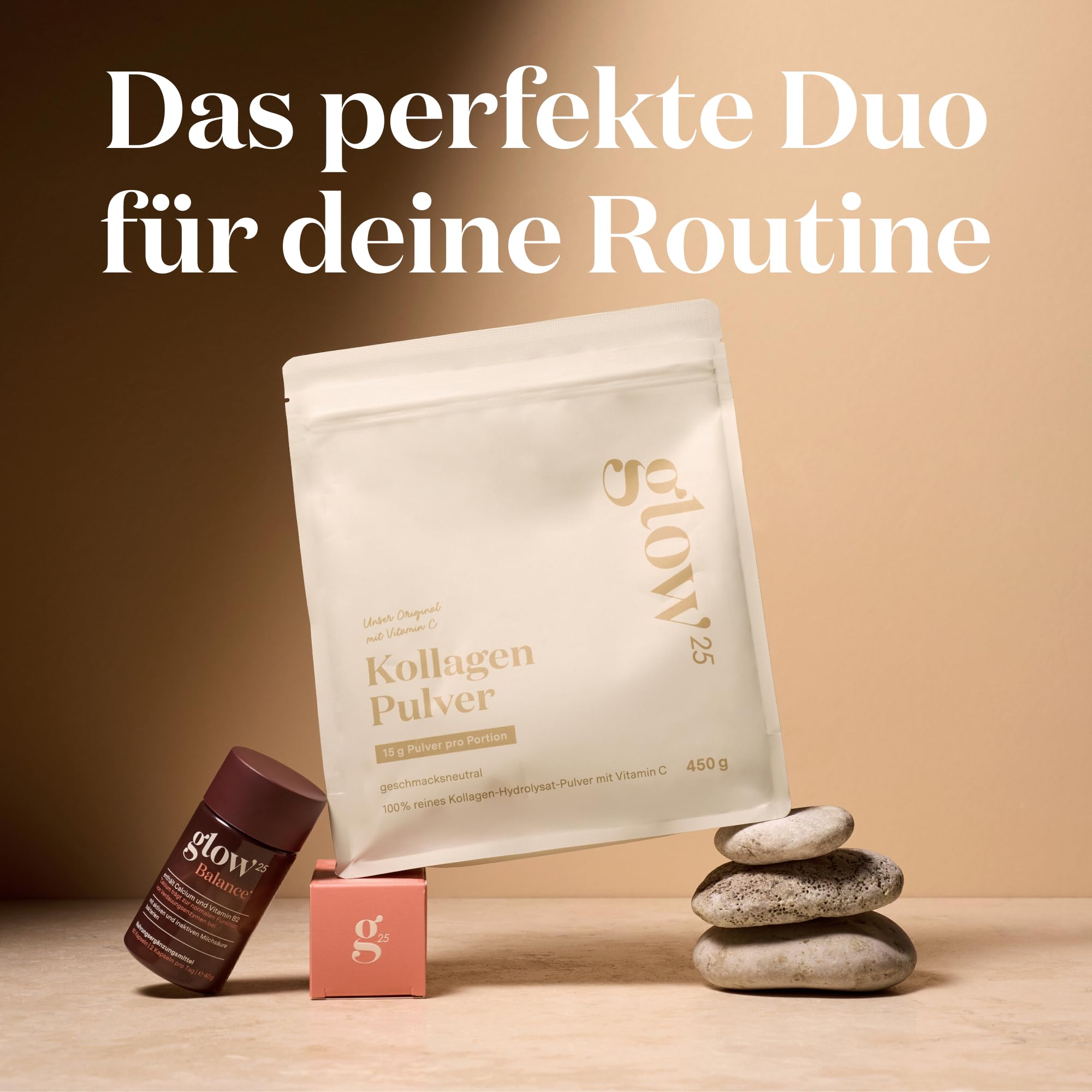 Glow25® Kollagen Pulver [450g] – Unser Original – Collagen Hydrolysat mit Vitamin C – Peptide Typ 1 und 3 – Gute Löslichkeit – Neutral