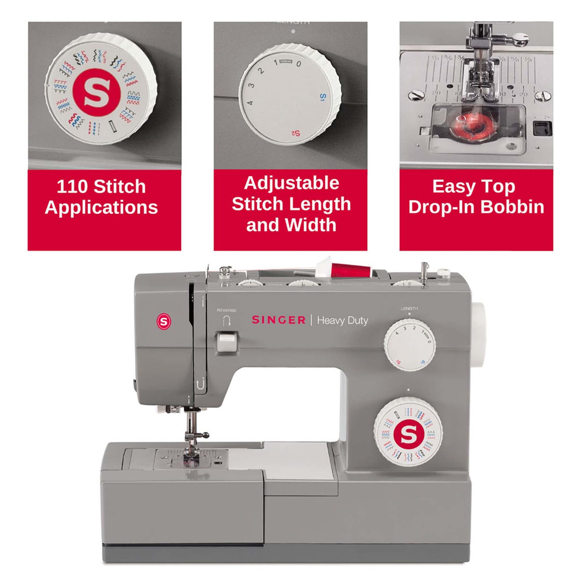 Singer Heavy Duty 4432 Nähmaschine Mechanisch, 32 Stiche, Leistungsstarker Motor, Automatisches Knopfloch, Automatischer Nadeleinfädler, Edelstahl-Nähplatte
