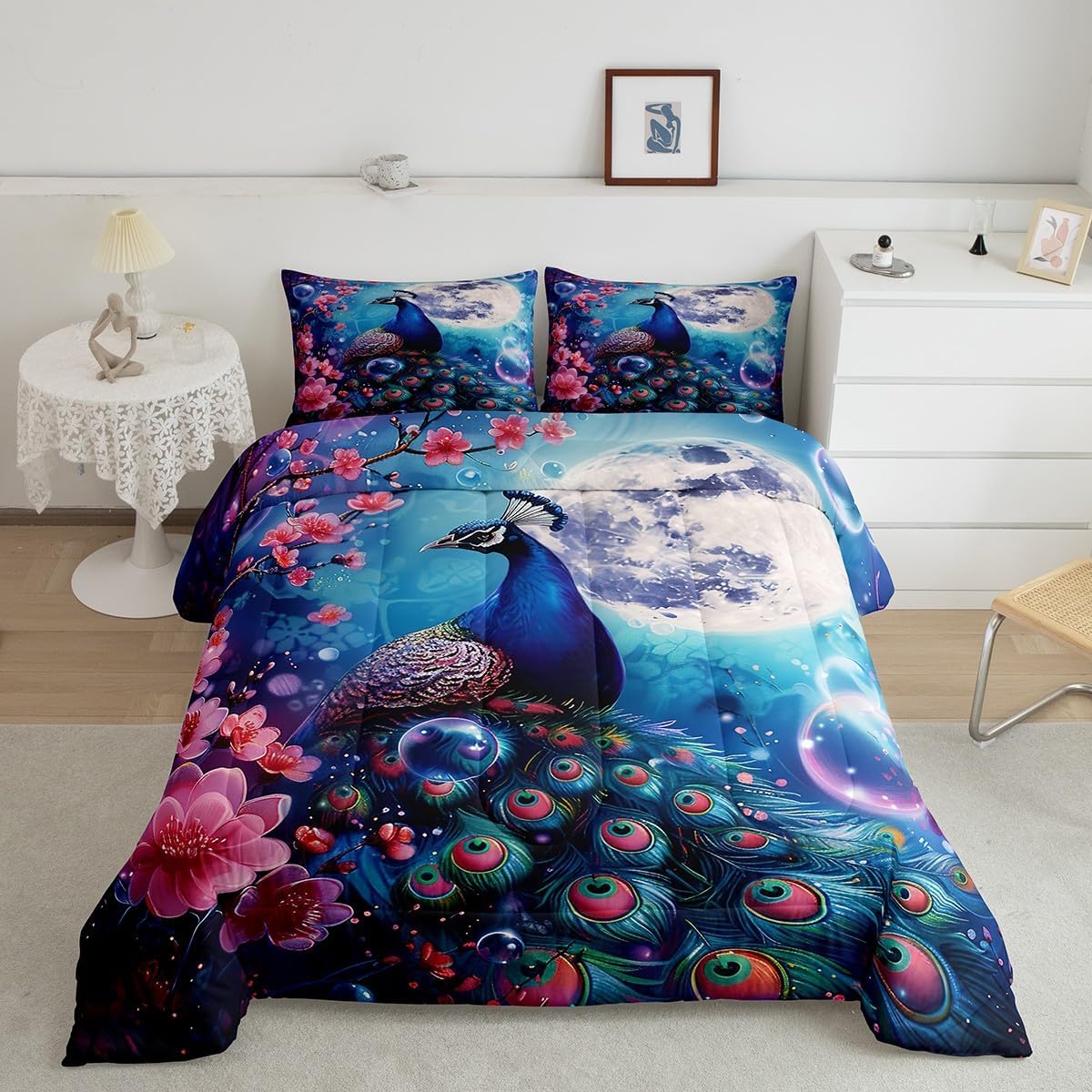 Owl Couple King Size Comforter Set Kids Kawaii Animals Decor All Season Bedding Set for Girls Teens Polka Dot Leopard Print Comforter Cute Owl Pattern Decor Quilt Set Bedroom Collection 3Pcs