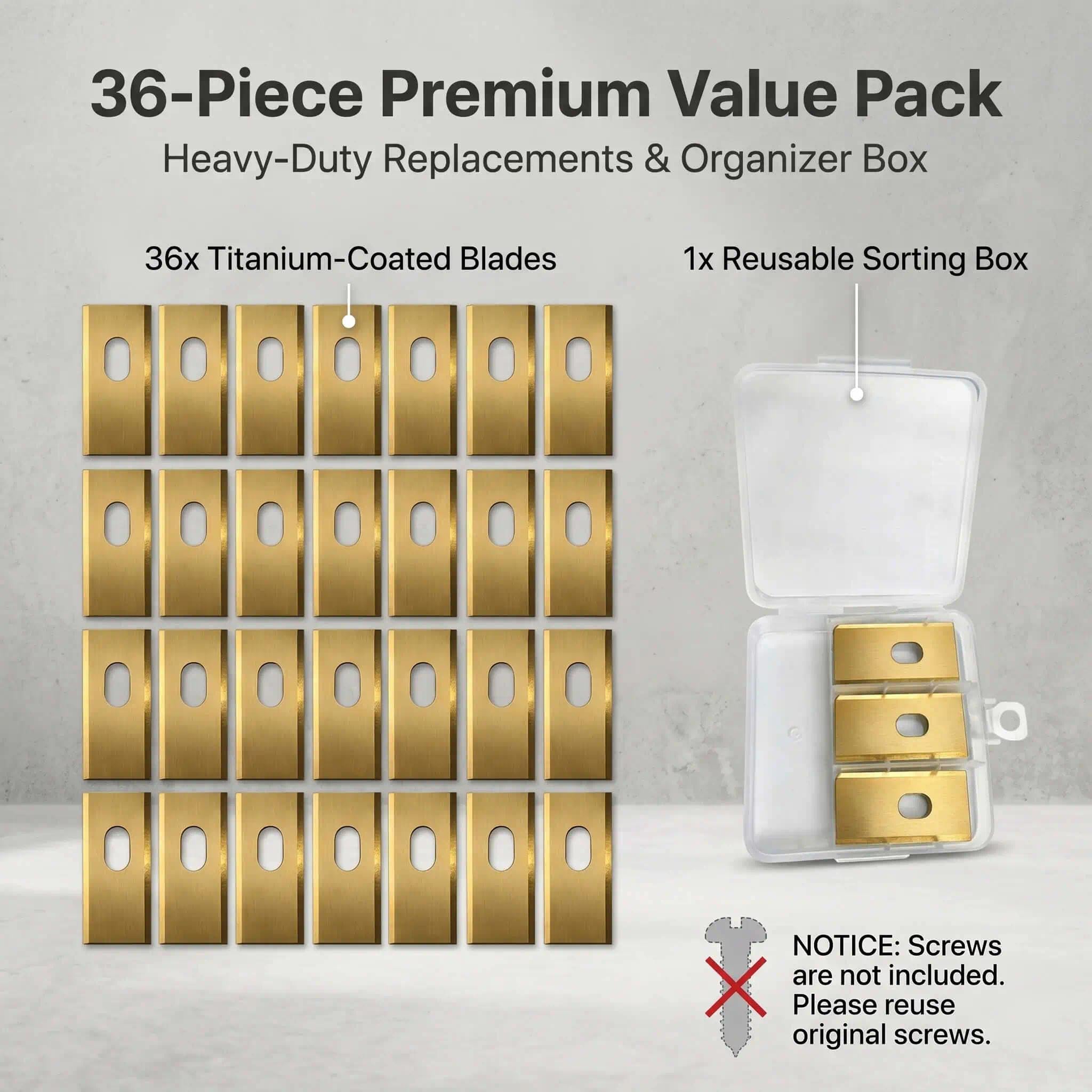 36 cuchillas de repuesto compatibles con robot cortacésped Dreame (A1/A2/A1 Pro/A1 Ultra/M1/M2) – 0,9 mm de acero inoxidable recubierto de titanio, incluye caja de almacenamiento