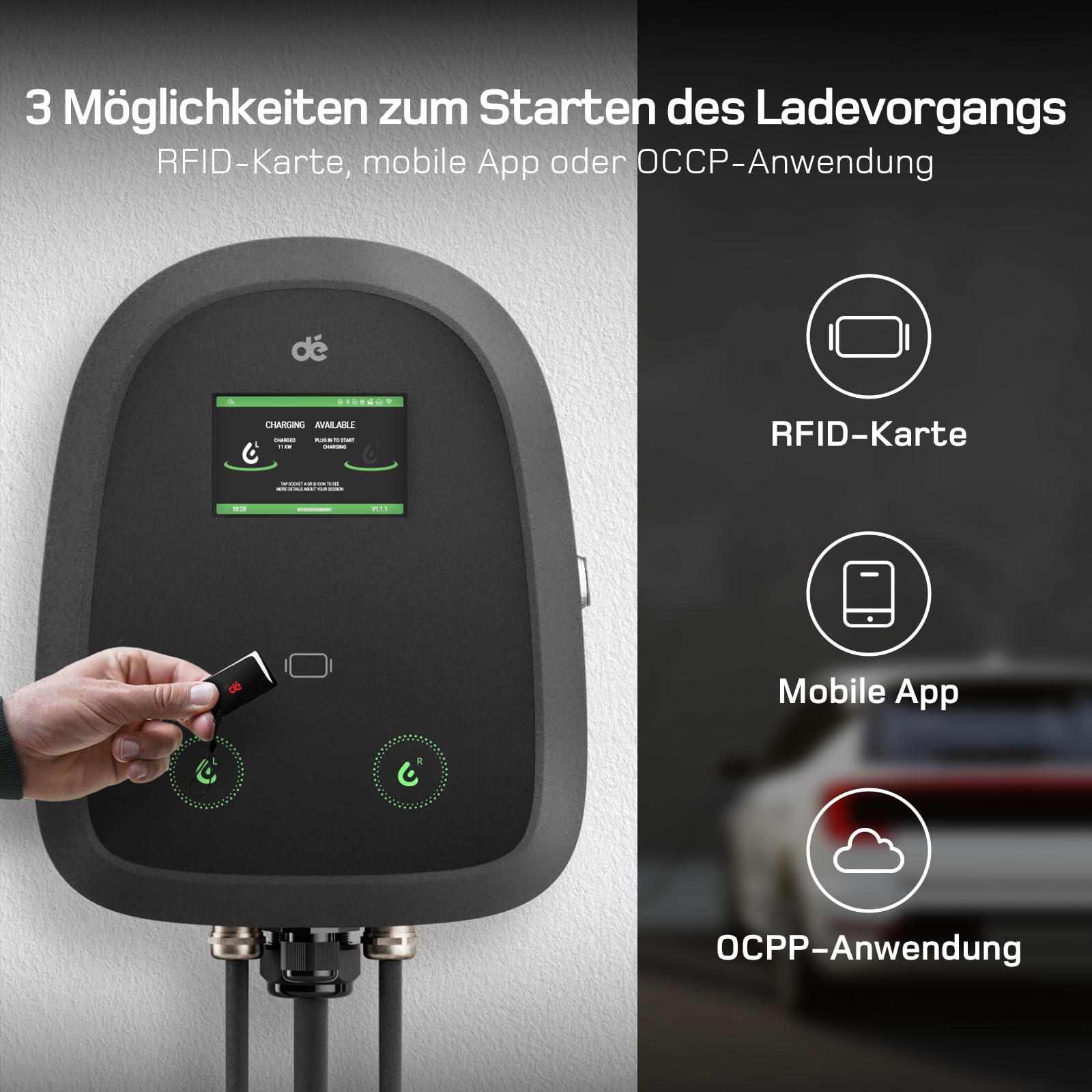 dé Duo Wallbox 2×11kW [7m+10m, 2×16A, 3-Phasen] Wallbox 11kW mit App mit Dual Typ 2 Ladekabel, Ladestation 11kW mit RFID zur Doppelladung, Dual Wallbox 11kW mit RCD Typ A, IP54 Schutz für BEV/PHEV