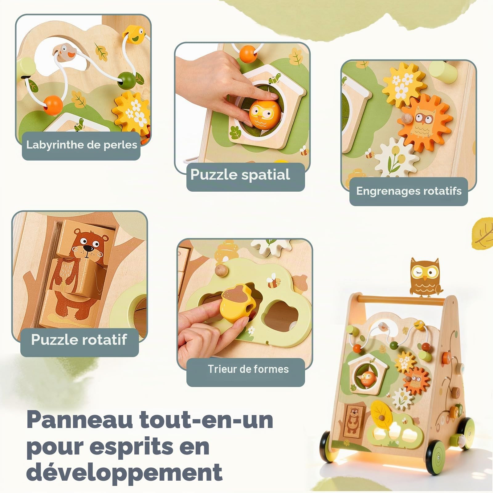 Trottinette bébé en bois multicolore – Aide au jeu et à la marche avec centre d'activités 8 en 1, vitesse réglable et roues antidérapantes pour enfants à partir de 1 an (design hibou)
